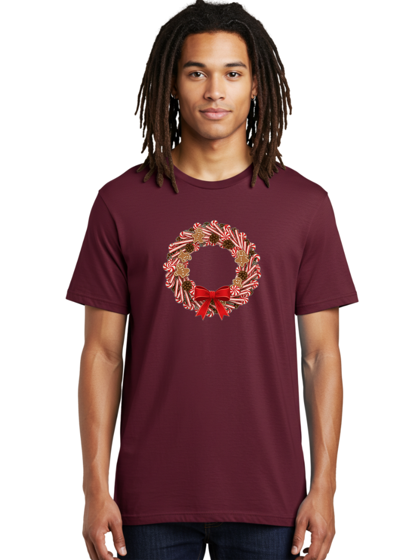 Candy-Cane-Wreath Men'S Graphic Tee, 100% Cotton, Comfortable Casual Summer Wear, Machine Washable, Candy Cane Wreath, Christmas Decoration, Holiday Decor, Red And White Striped Candy Canes, Gingerbread Men, Festive Atmosphere, Bab709 18