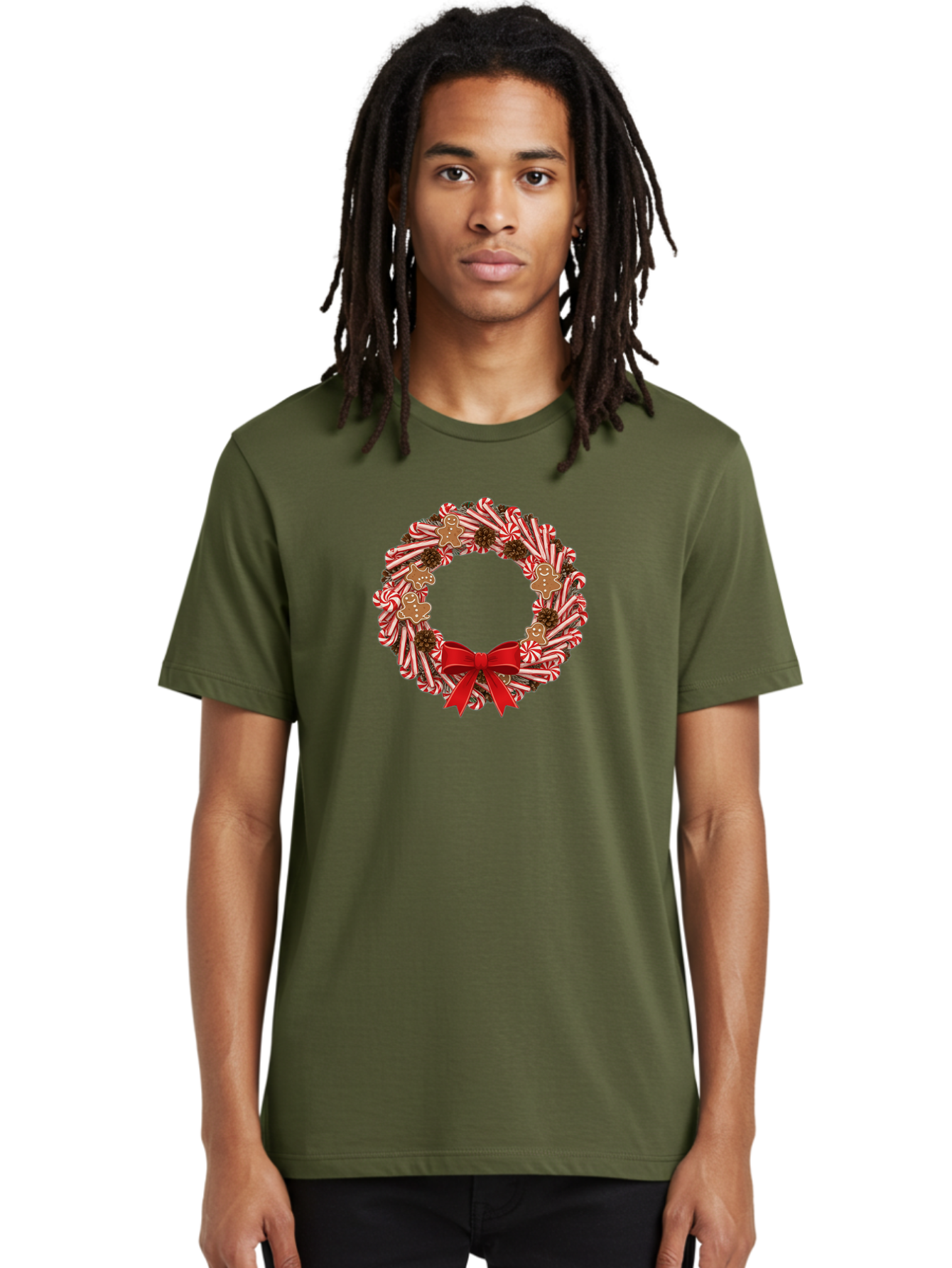 Candy-Cane-Wreath Men'S Graphic Tee, 100% Cotton, Comfortable Casual Summer Wear, Machine Washable, Candy Cane Wreath, Christmas Decoration, Holiday Decor, Red And White Striped Candy Canes, Gingerbread Men, Festive Atmosphere, Bab709 23