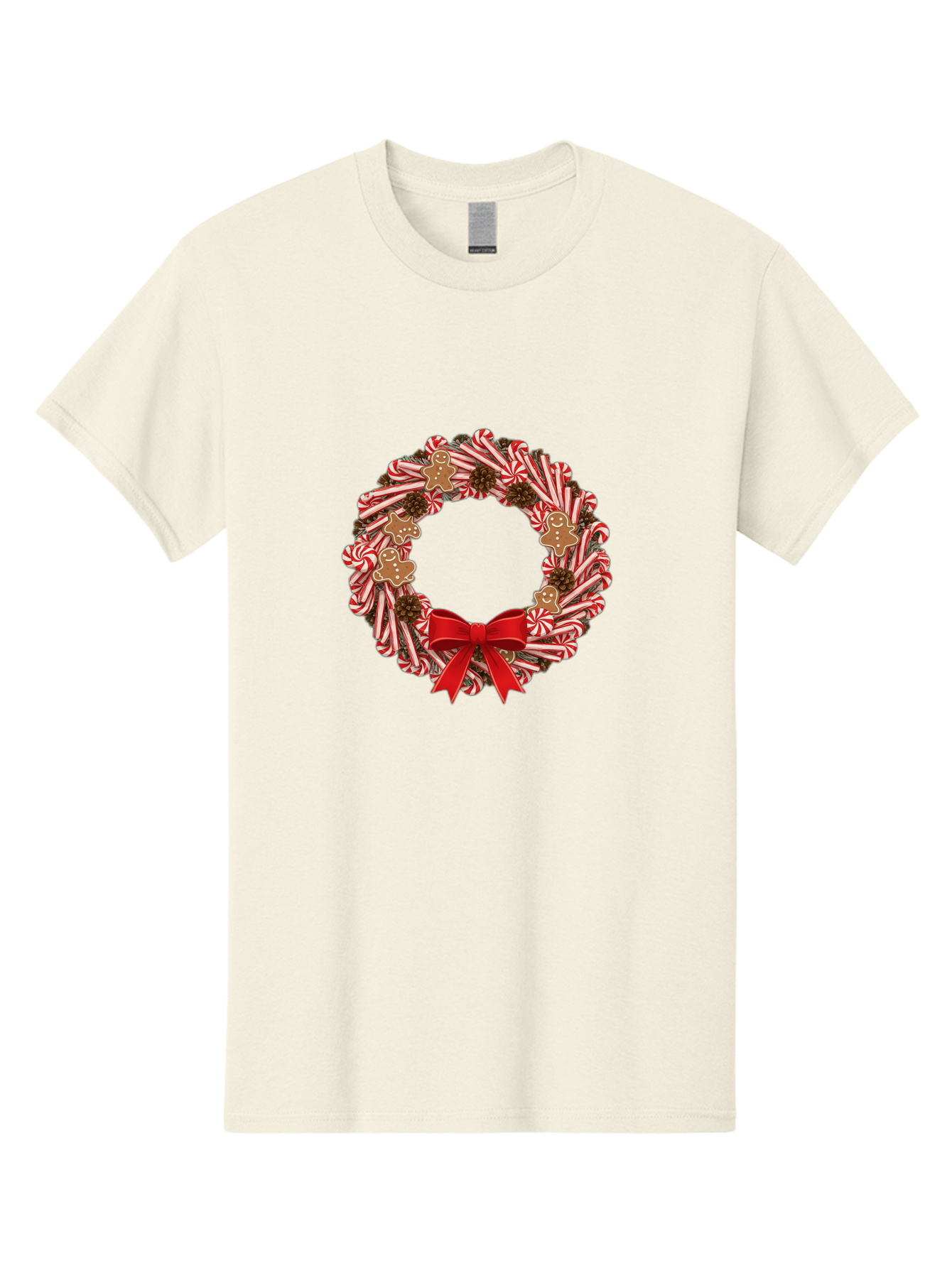 Candy-Cane-Wreath Men'S Graphic Tee, 100% Cotton, Comfortable Casual Summer Wear, Machine Washable, Candy Cane Wreath, Christmas Decoration, Holiday Decor, Red And White Striped Candy Canes, Gingerbread Men, Festive Atmosphere, Bab709 9