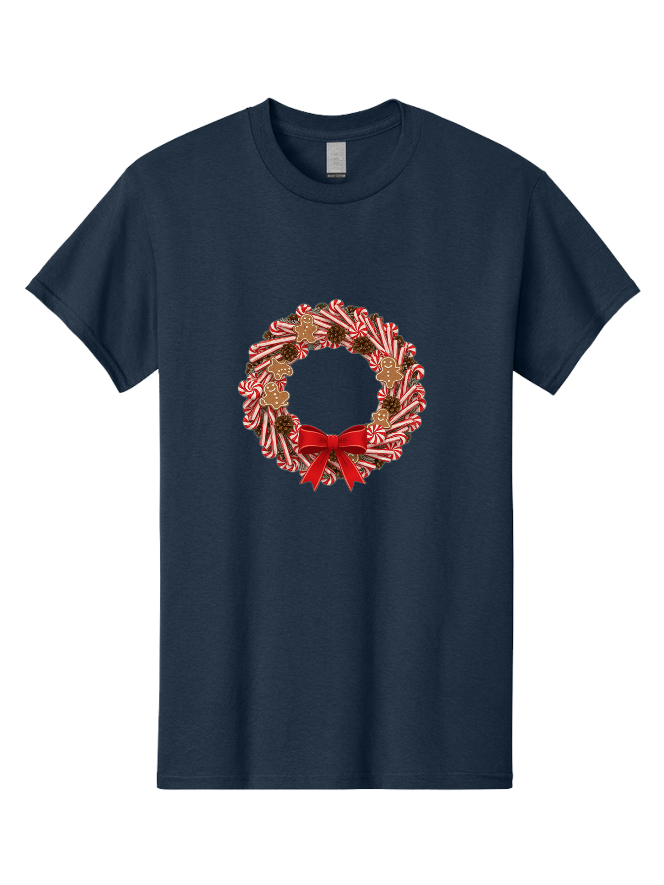 Candy-Cane-Wreath Men'S Graphic Tee, 100% Cotton, Comfortable Casual Summer Wear, Machine Washable, Candy Cane Wreath, Christmas Decoration, Holiday Decor, Red And White Striped Candy Canes, Gingerbread Men, Festive Atmosphere, Bab709 11