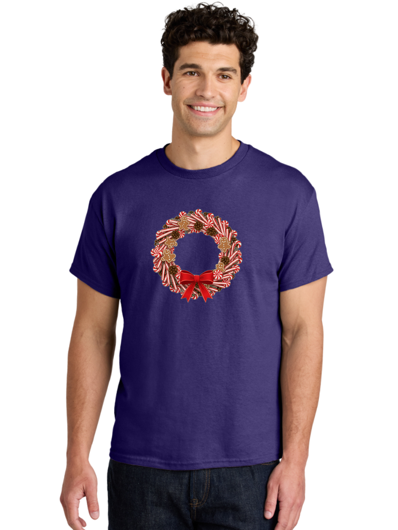 Candy-Cane-Wreath Men'S Graphic Tee, 100% Cotton, Comfortable Casual Summer Wear, Machine Washable, Candy Cane Wreath, Christmas Decoration, Holiday Decor, Red And White Striped Candy Canes, Gingerbread Men, Festive Atmosphere, Bab709 19
