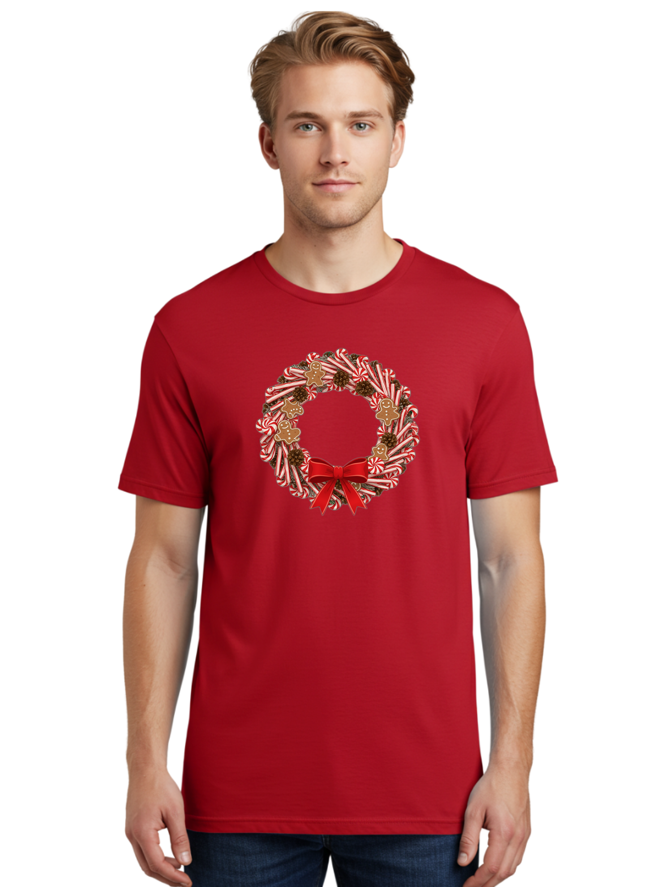 Candy-Cane-Wreath Men'S Graphic Tee, 100% Cotton, Comfortable Casual Summer Wear, Machine Washable, Candy Cane Wreath, Christmas Decoration, Holiday Decor, Red And White Striped Candy Canes, Gingerbread Men, Festive Atmosphere, Bab709 22