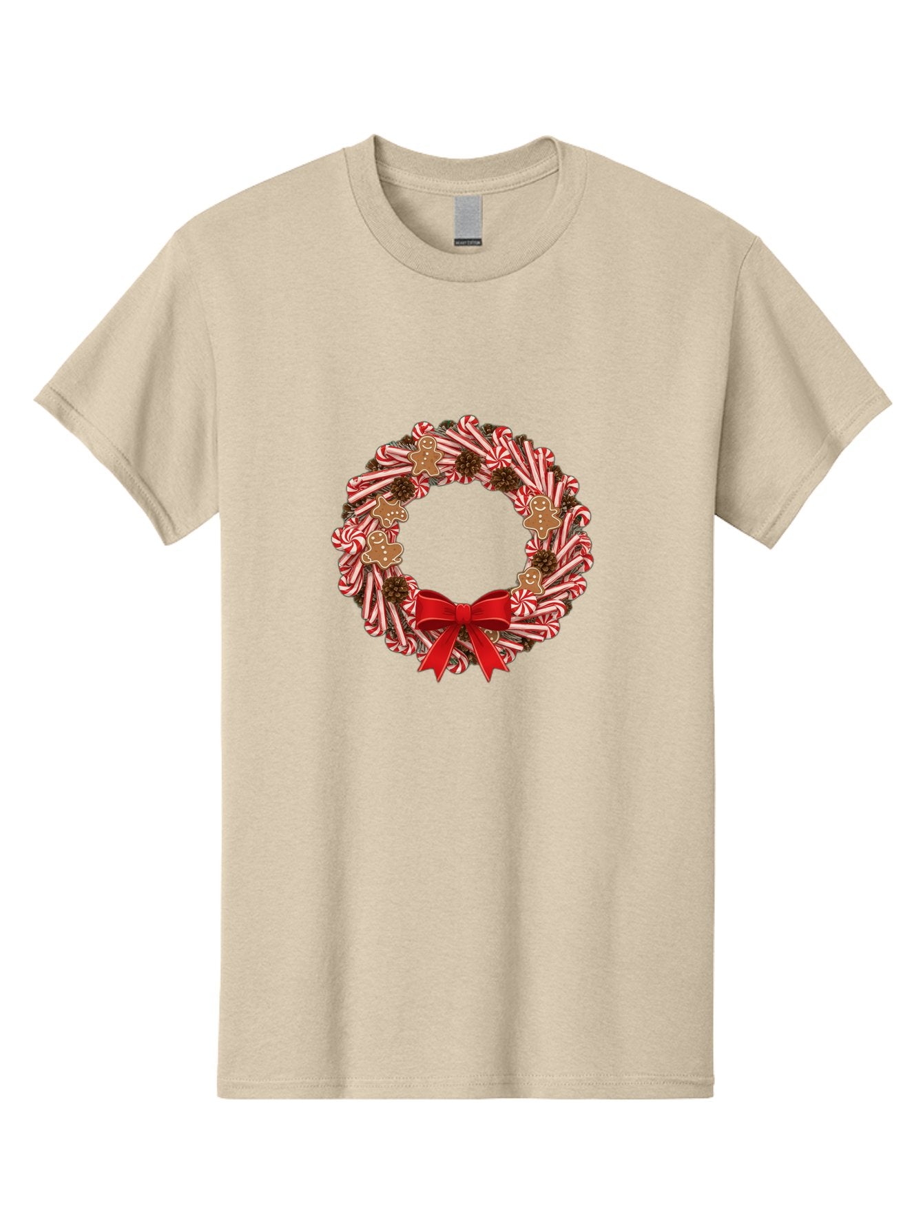 Candy-Cane-Wreath Men'S Graphic Tee, 100% Cotton, Comfortable Casual Summer Wear, Machine Washable, Candy Cane Wreath, Christmas Decoration, Holiday Decor, Red And White Striped Candy Canes, Gingerbread Men, Festive Atmosphere, Bab709 8