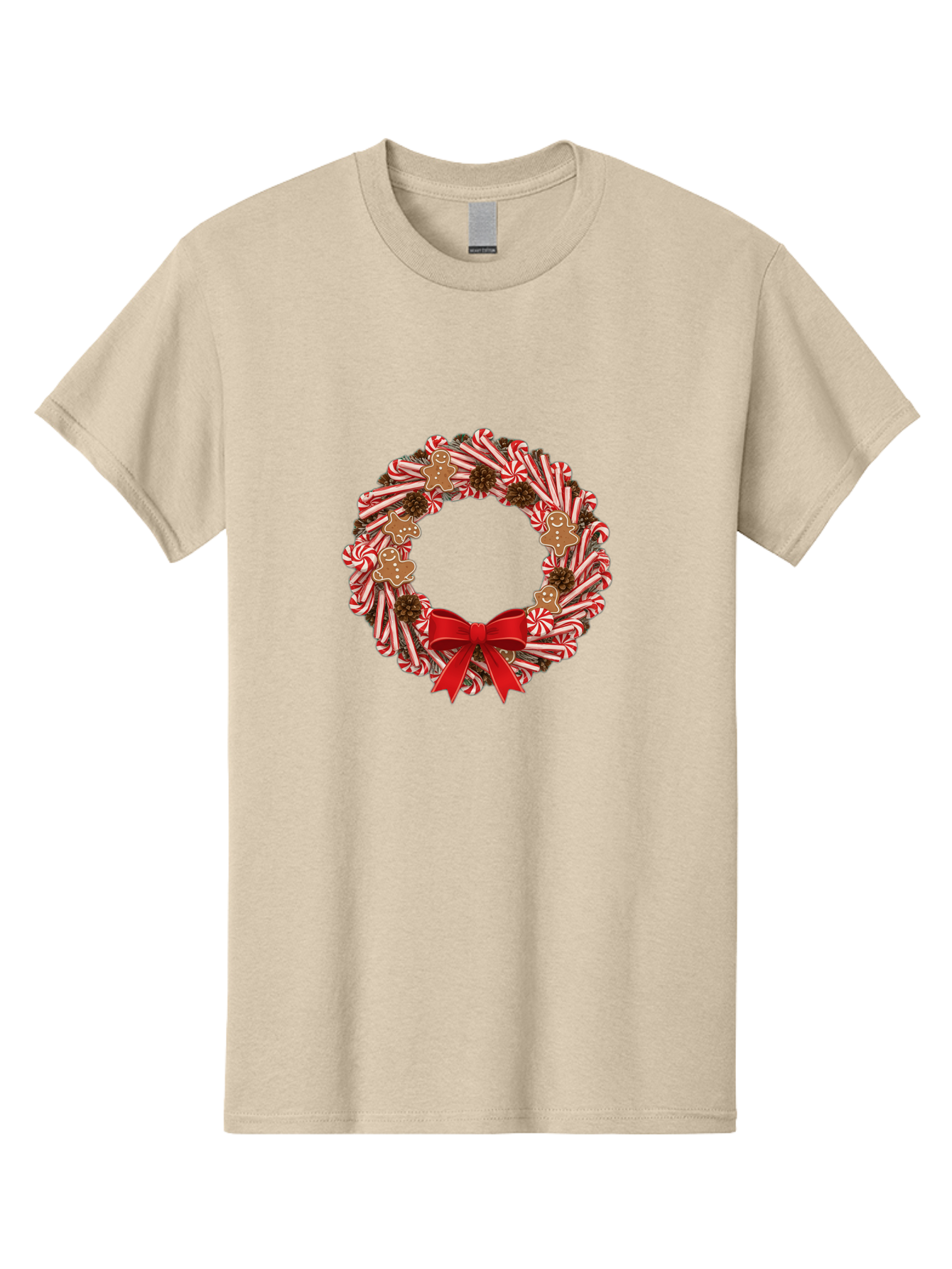 Candy-Cane-Wreath Men'S Graphic Tee, 100% Cotton, Comfortable Casual Summer Wear, Machine Washable, Candy Cane Wreath, Christmas Decoration, Holiday Decor, Red And White Striped Candy Canes, Gingerbread Men, Festive Atmosphere, Bab709 6