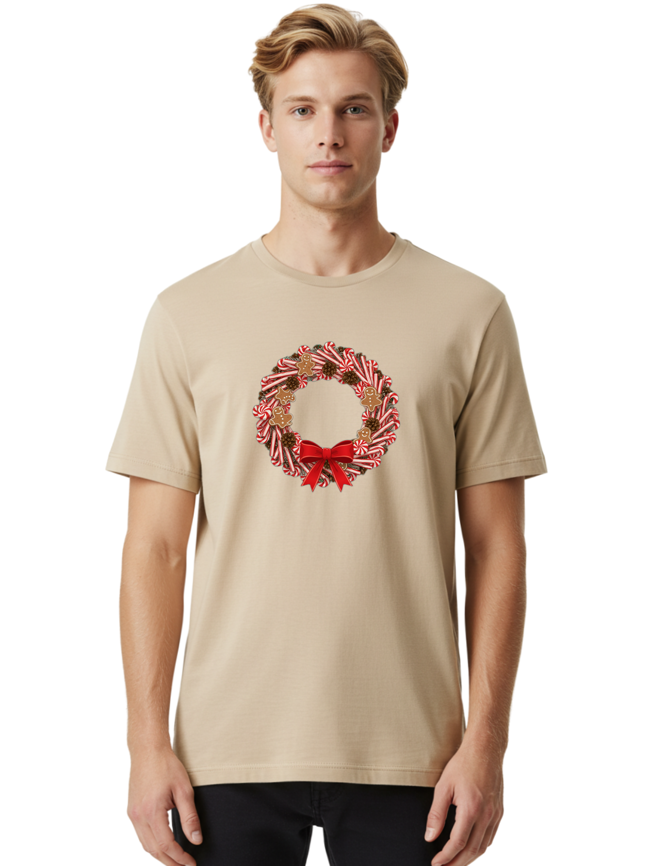 Candy-Cane-Wreath Men'S Graphic Tee, 100% Cotton, Comfortable Casual Summer Wear, Machine Washable, Candy Cane Wreath, Christmas Decoration, Holiday Decor, Red And White Striped Candy Canes, Gingerbread Men, Festive Atmosphere, Bab709 21
