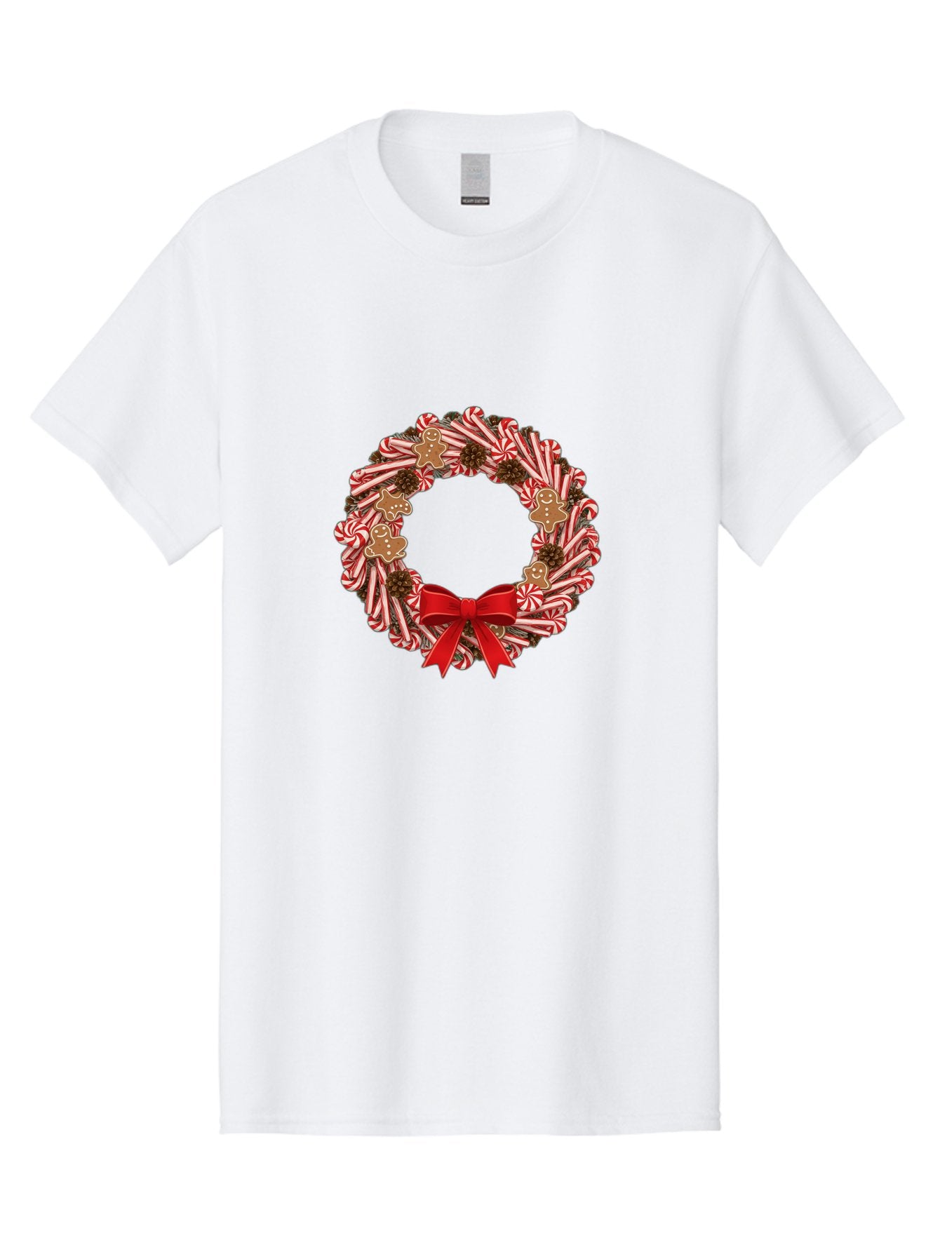 Candy-Cane-Wreath Men'S Graphic Tee, 100% Cotton, Comfortable Casual Summer Wear, Machine Washable, Candy Cane Wreath, Christmas Decoration, Holiday Decor, Red And White Striped Candy Canes, Gingerbread Men, Festive Atmosphere, Bab709 14
