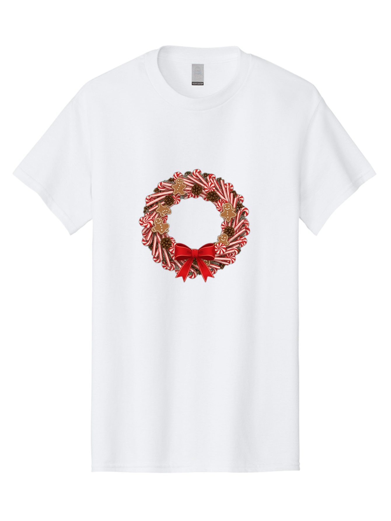 Candy-Cane-Wreath Men'S Graphic Tee, 100% Cotton, Comfortable Casual Summer Wear, Machine Washable, Candy Cane Wreath, Christmas Decoration, Holiday Decor, Red And White Striped Candy Canes, Gingerbread Men, Festive Atmosphere, Bab709