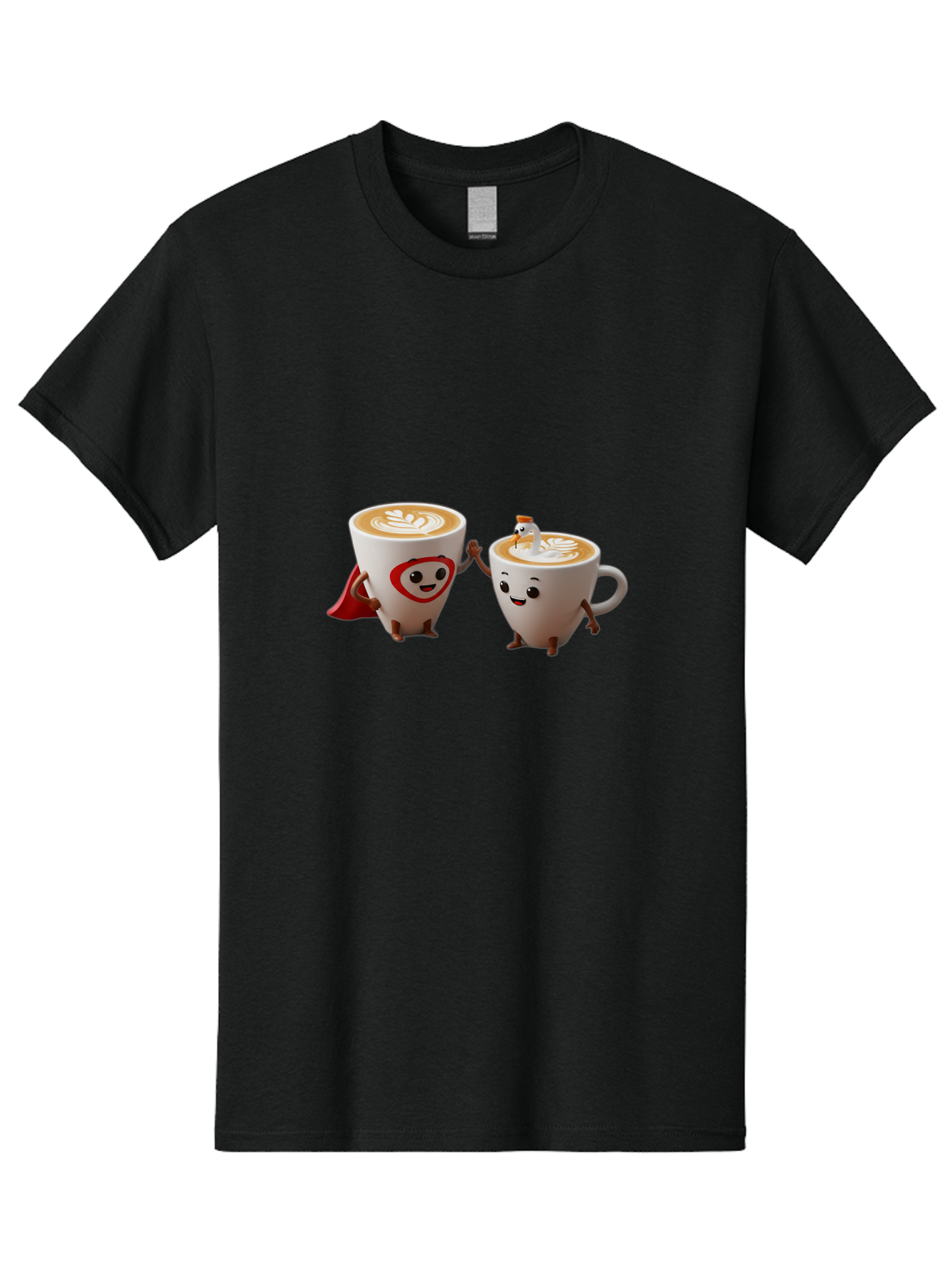 Cappuccino-Friends Men'S Graphic Tee, 100% Cotton, Comfortable Casual Summer Wear, Machine Washable, Cartoon Coffee Cups, Anthropomorphic Coffee, Latte Art, Coffee Lovers, Friendly Cups, Holding Hands, Cute Characters, Cartoon Illustrations, Bab711