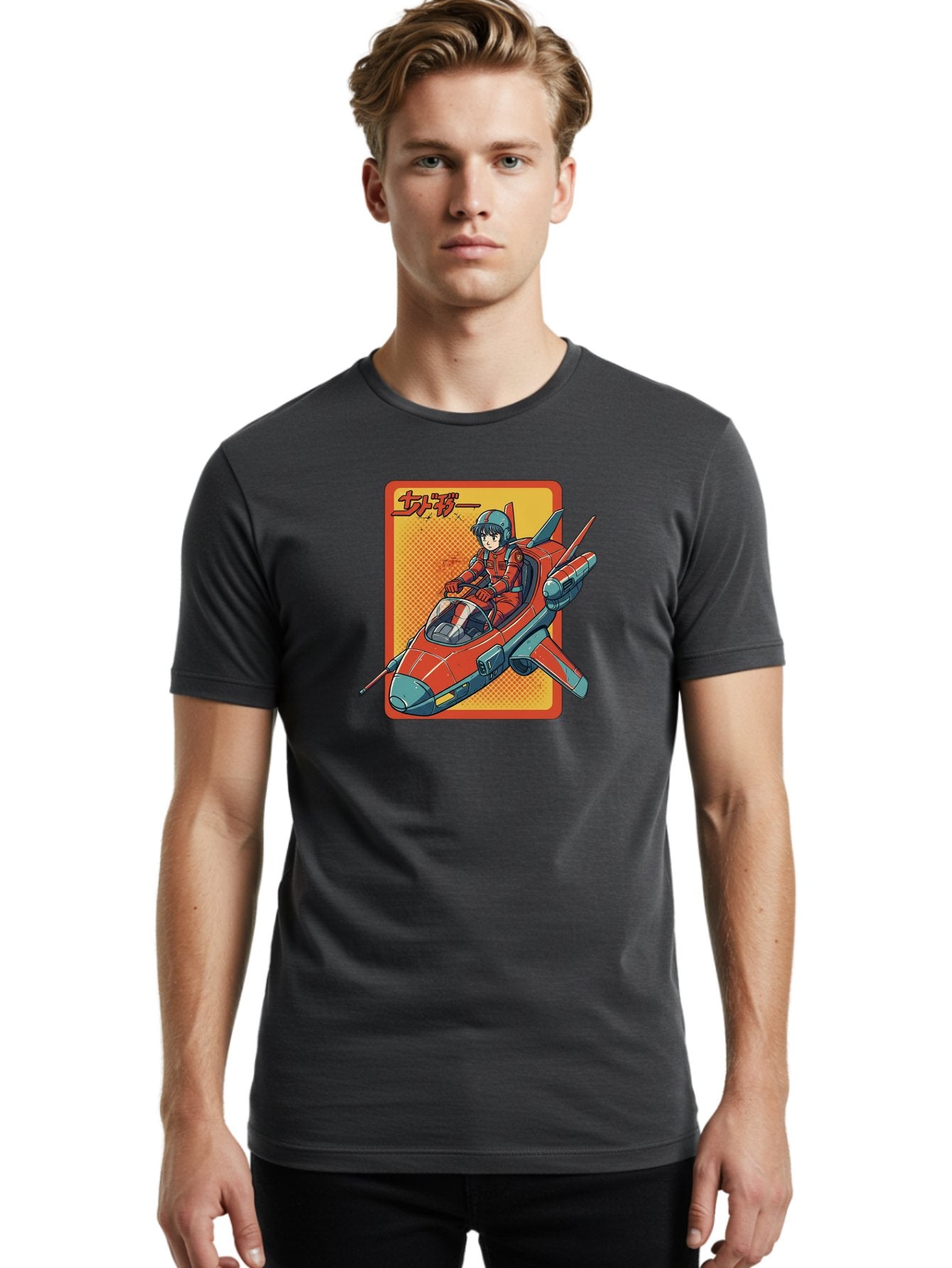 Captain-Tsubasa Men'S Graphic Tee, 100% Cotton, Comfortable Casual Summer Wear, Machine Washable, Anime Style Fighter Jet, Red Jet Aircraft, Japanese Text, Futuristic Pilot, Aviation Art, Cyberpunk, Manga Inspired Bab714 19