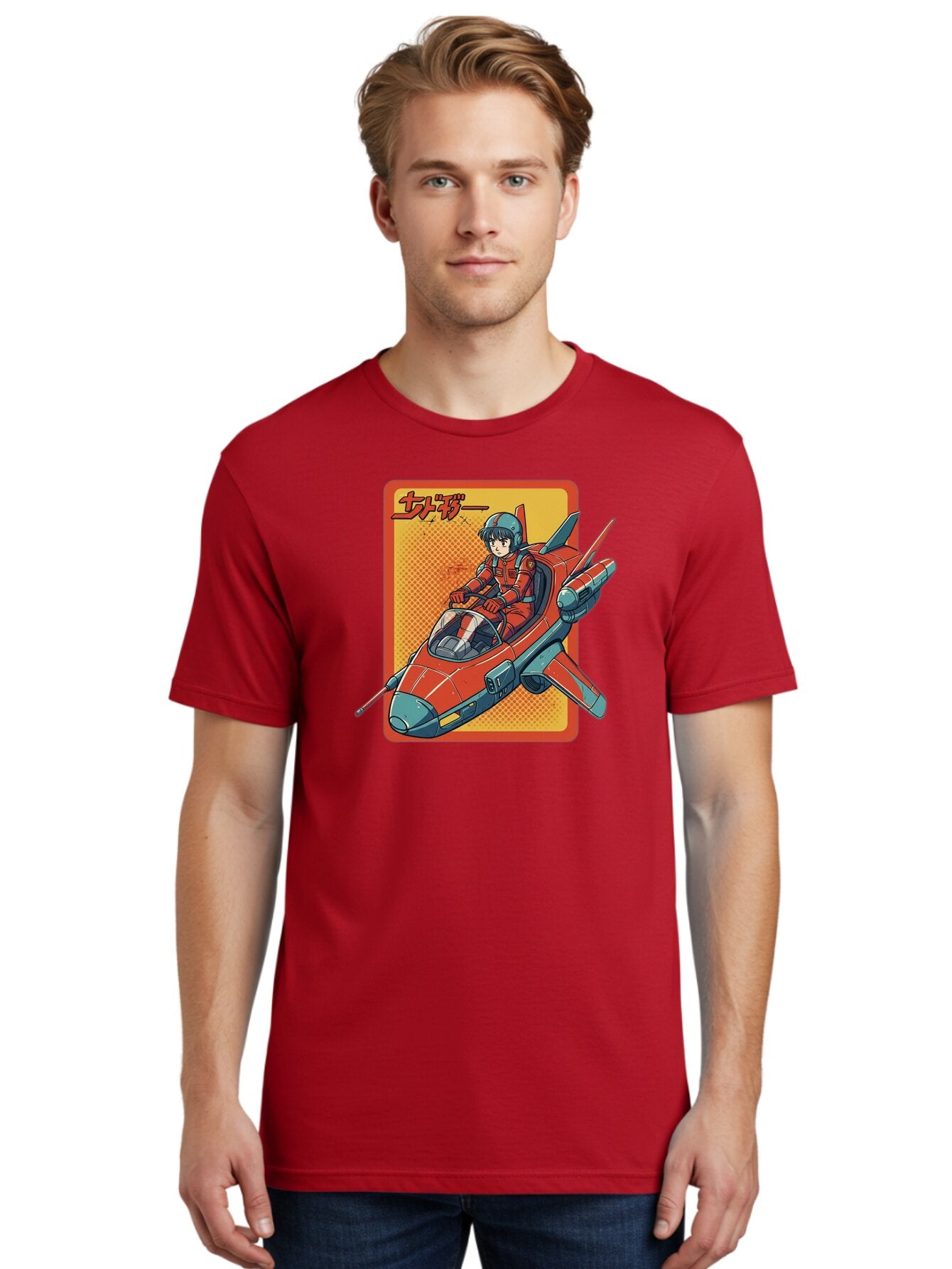 Captain-Tsubasa Men'S Graphic Tee, 100% Cotton, Comfortable Casual Summer Wear, Machine Washable, Anime Style Fighter Jet, Red Jet Aircraft, Japanese Text, Futuristic Pilot, Aviation Art, Cyberpunk, Manga Inspired Bab714 17