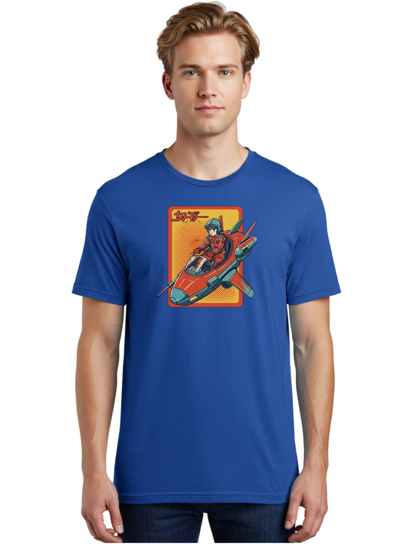 Captain-Tsubasa Men'S Graphic Tee, 100% Cotton, Comfortable Casual Summer Wear, Machine Washable, Anime Style Fighter Jet, Red Jet Aircraft, Japanese Text, Futuristic Pilot, Aviation Art, Cyberpunk, Manga Inspired Bab714 23