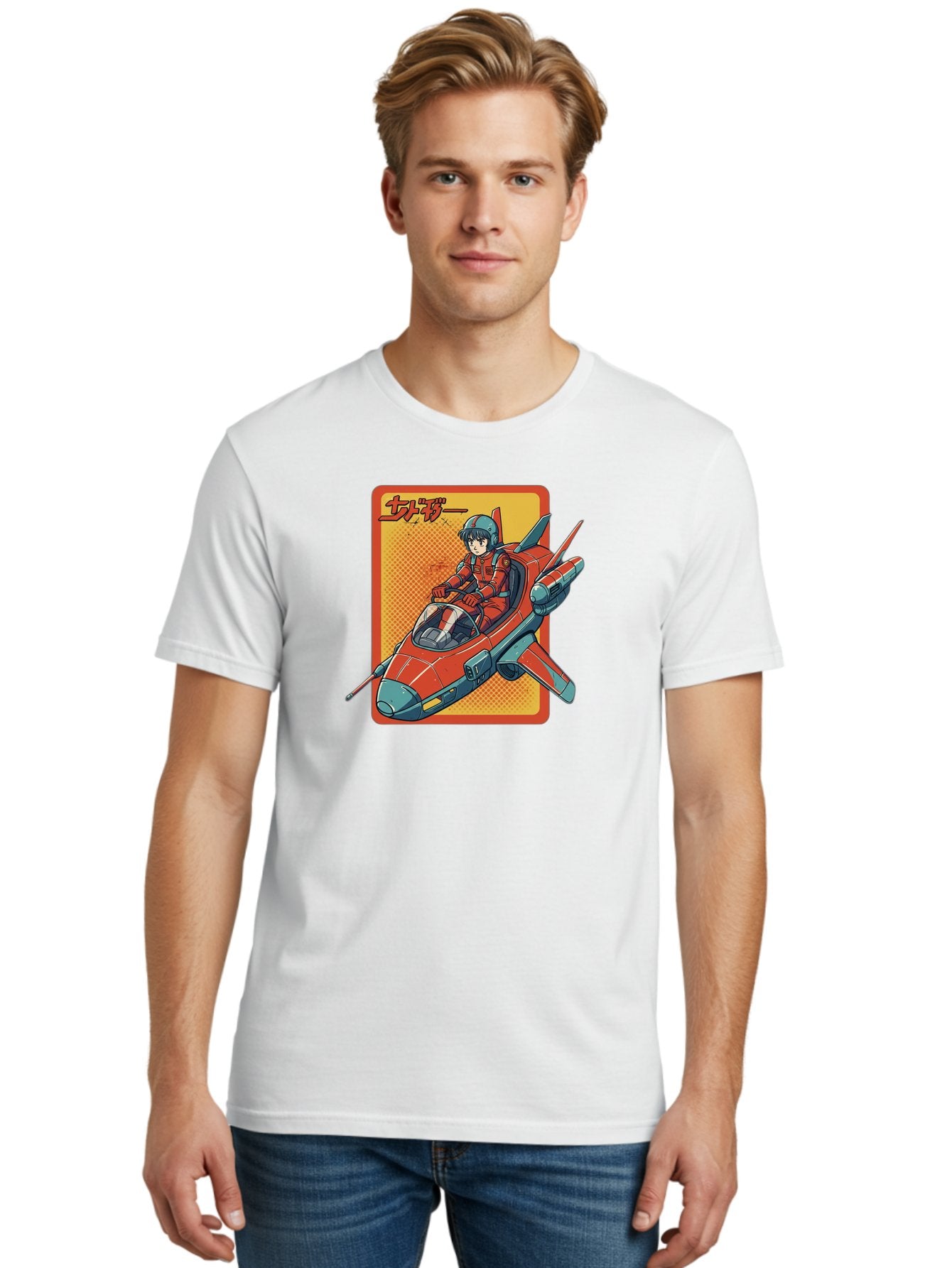 Captain-Tsubasa Men'S Graphic Tee, 100% Cotton, Comfortable Casual Summer Wear, Machine Washable, Anime Style Fighter Jet, Red Jet Aircraft, Japanese Text, Futuristic Pilot, Aviation Art, Cyberpunk, Manga Inspired Bab714 24