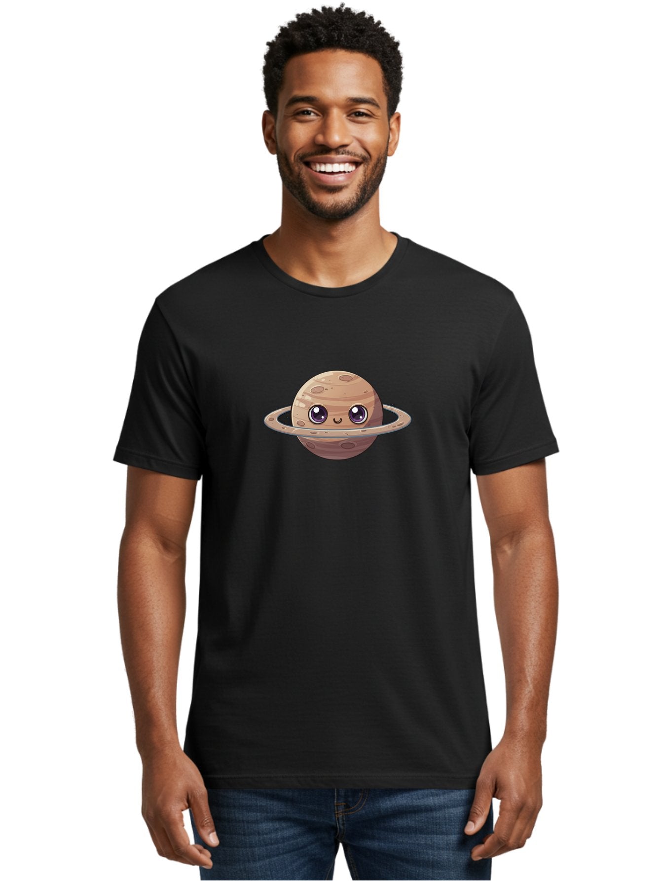 Cartoon-Saturn Men'S Graphic Tee, 100% Cotton, Comfortable Casual Summer Wear, Machine Washable, Cartoon Planet, Smiling Face, Saturn Illustration, Kawaii Art, Cute Character, Planet Character, Ringed Planet, Adorable Design, Fun Illustration Bab719 23