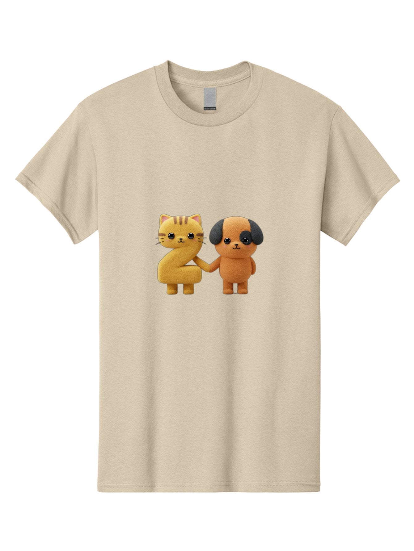 Cat-And-Dog Men'S Graphic Tee, 100% Cotton, Comfortable Casual Summer Wear, Machine Washable, Cartoon Cat, Dog, Holding Hands, Friendship, Cute Animals, Adorable Characters, Kawaii, Cartoon Style, Animal Friends, Funny Pets Bab721