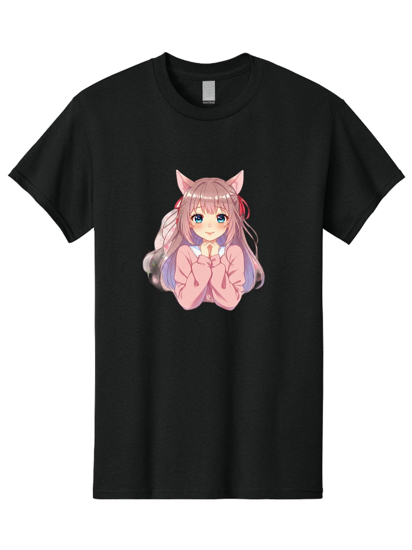 Cat-Girl-Anime-Character Men'S Graphic Tee, 100% Cotton, Comfortable Casual Summer Wear, Machine Washable, Anime Girl, Cat Ears, Pink Sweater, Blue Eyes, Long Hair, Cute Expression, Kawaii Art, Pastel Colors, Cartoon Character, Japanese Manga Bab722 4