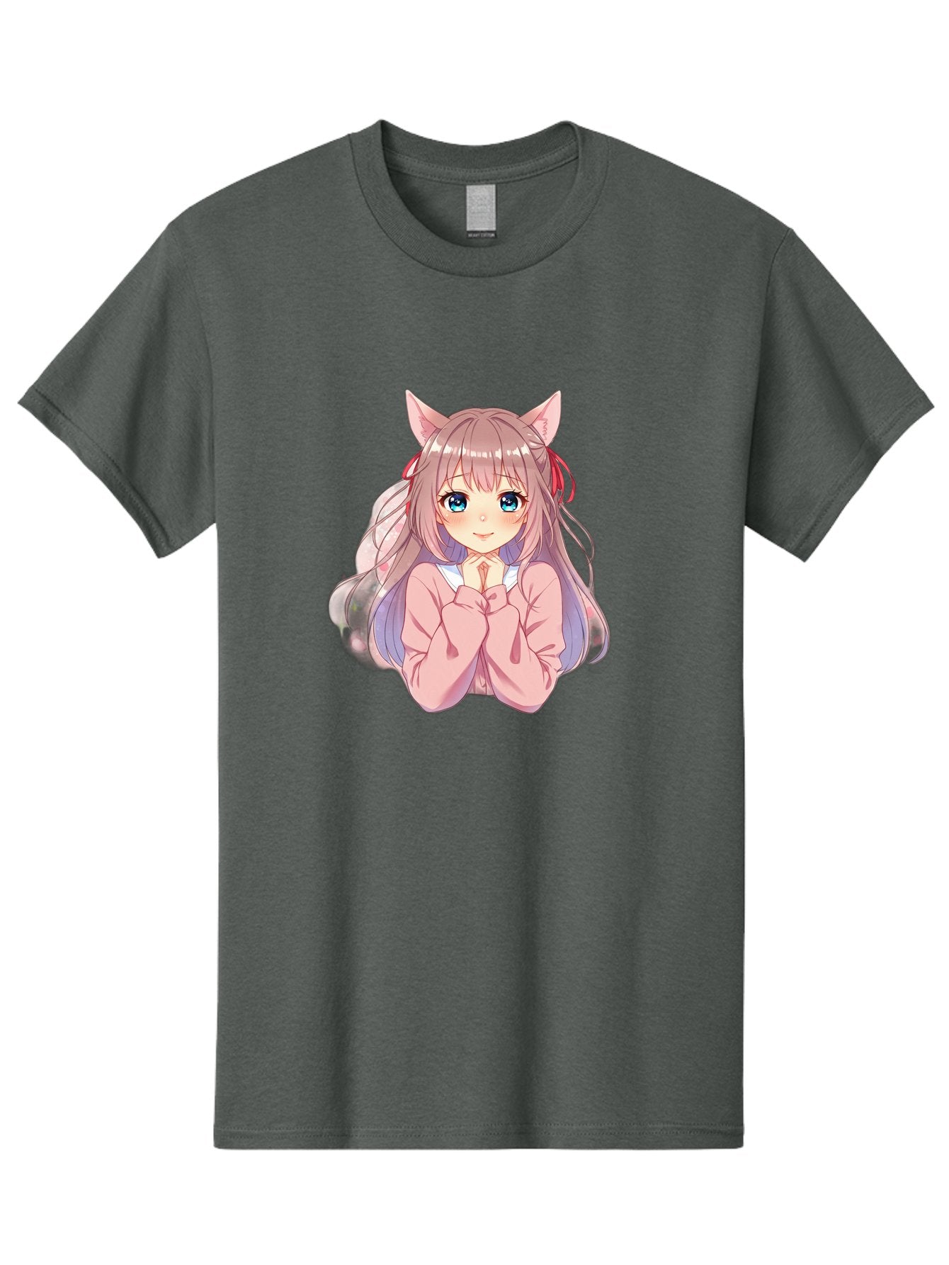 Cat-Girl-Anime-Character Men'S Graphic Tee, 100% Cotton, Comfortable Casual Summer Wear, Machine Washable, Anime Girl, Cat Ears, Pink Sweater, Blue Eyes, Long Hair, Cute Expression, Kawaii Art, Pastel Colors, Cartoon Character, Japanese Manga Bab722 8