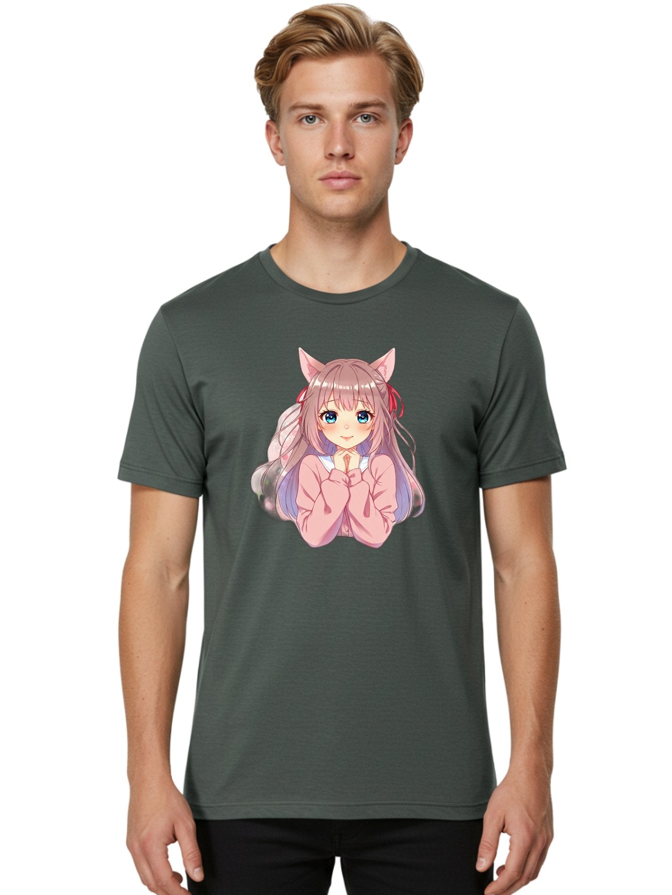 Cat-Girl-Anime-Character Men'S Graphic Tee, 100% Cotton, Comfortable Casual Summer Wear, Machine Washable, Anime Girl, Cat Ears, Pink Sweater, Blue Eyes, Long Hair, Cute Expression, Kawaii Art, Pastel Colors, Cartoon Character, Japanese Manga Bab722 25