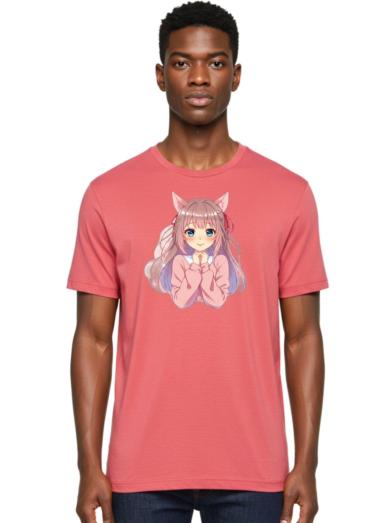 Cat-Girl-Anime-Character Men'S Graphic Tee, 100% Cotton, Comfortable Casual Summer Wear, Machine Washable, Anime Girl, Cat Ears, Pink Sweater, Blue Eyes, Long Hair, Cute Expression, Kawaii Art, Pastel Colors, Cartoon Character, Japanese Manga Bab722 20