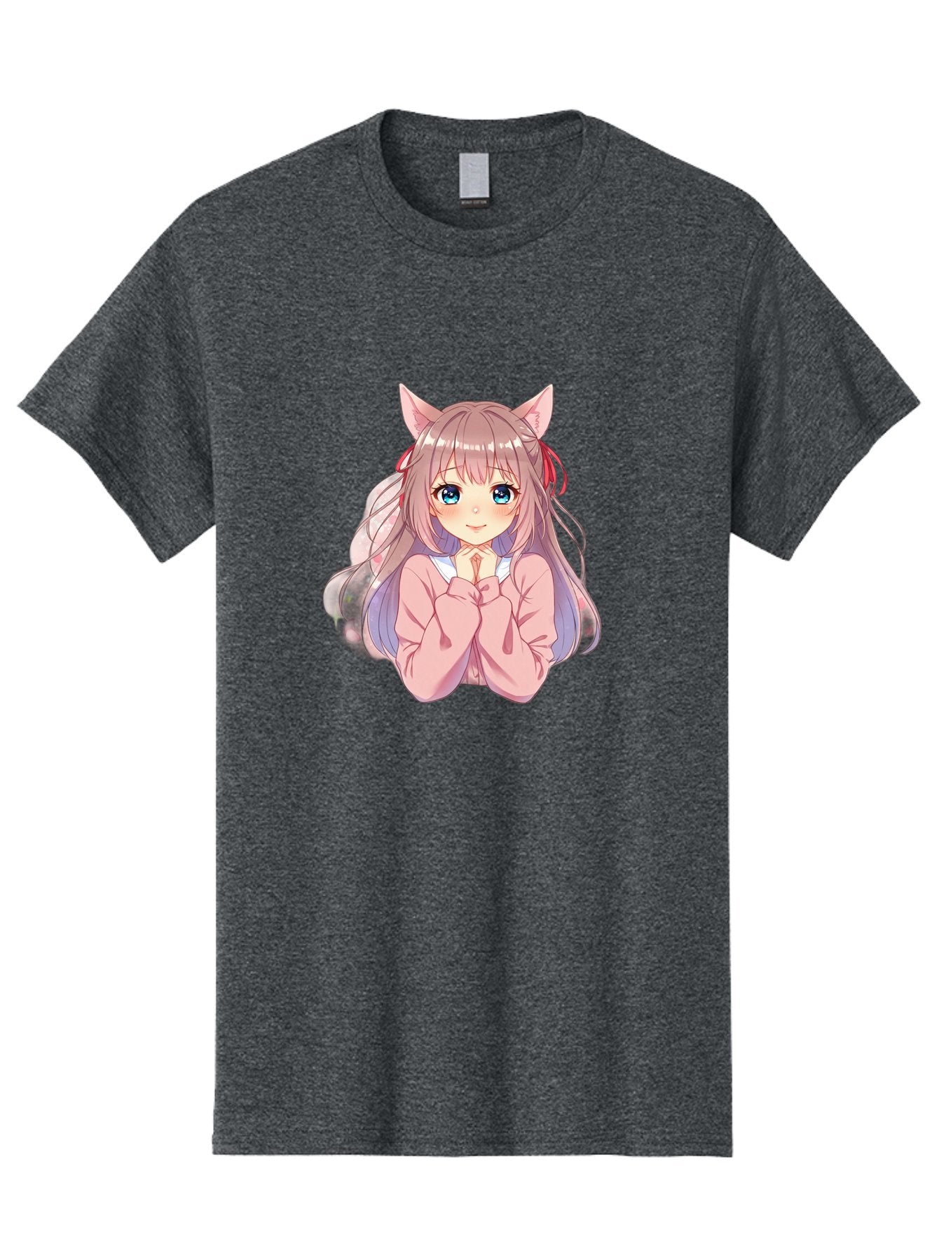 Cat-Girl-Anime-Character Men'S Graphic Tee, 100% Cotton, Comfortable Casual Summer Wear, Machine Washable, Anime Girl, Cat Ears, Pink Sweater, Blue Eyes, Long Hair, Cute Expression, Kawaii Art, Pastel Colors, Cartoon Character, Japanese Manga Bab722