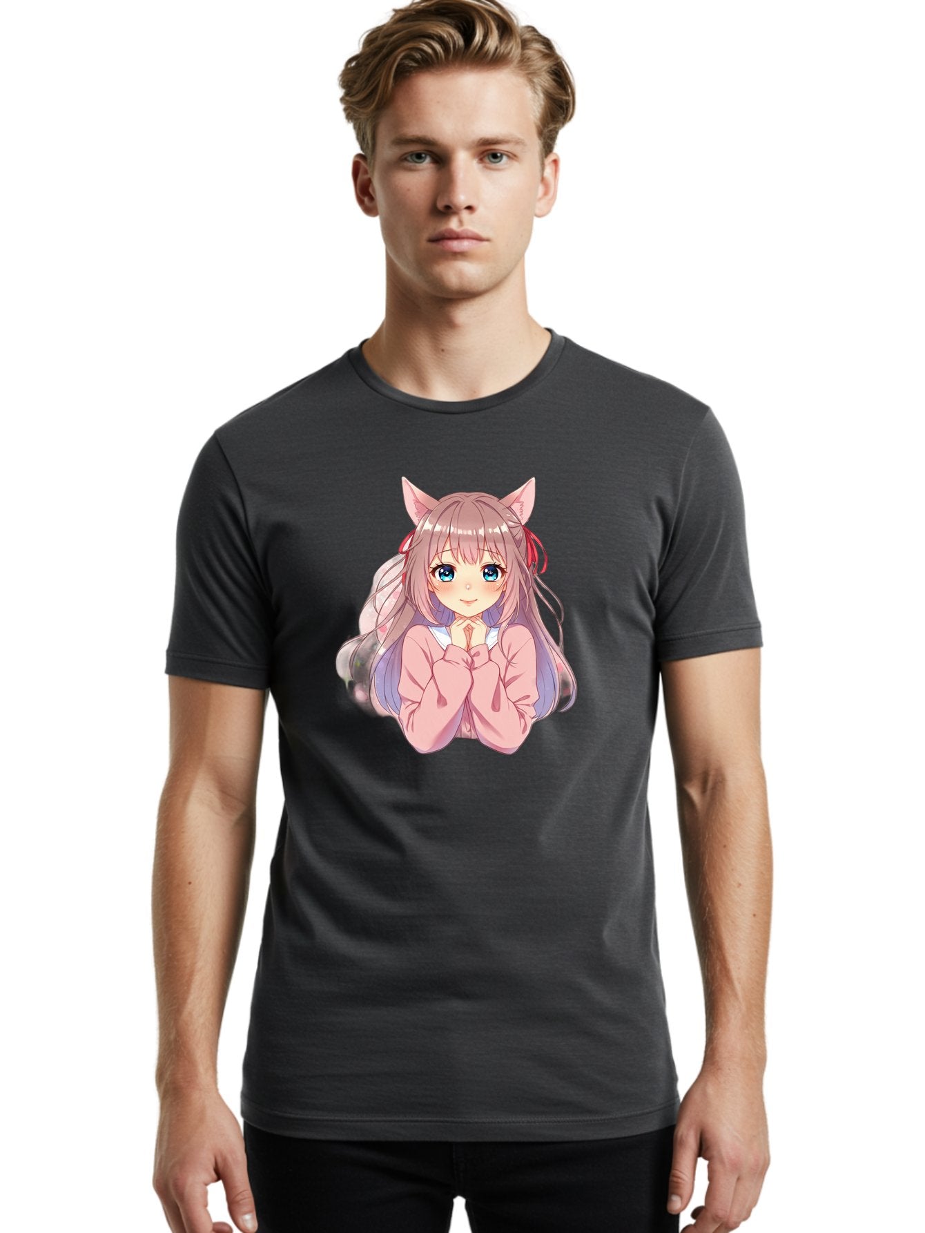 Cat-Girl-Anime-Character Men'S Graphic Tee, 100% Cotton, Comfortable Casual Summer Wear, Machine Washable, Anime Girl, Cat Ears, Pink Sweater, Blue Eyes, Long Hair, Cute Expression, Kawaii Art, Pastel Colors, Cartoon Character, Japanese Manga Bab722 21