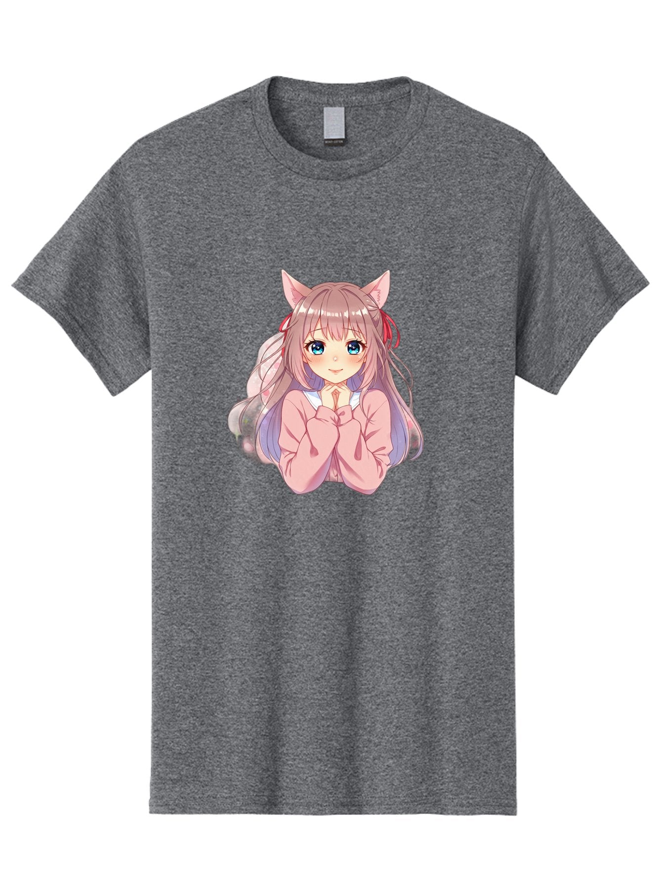 Cat-Girl-Anime-Character Men'S Graphic Tee, 100% Cotton, Comfortable Casual Summer Wear, Machine Washable, Anime Girl, Cat Ears, Pink Sweater, Blue Eyes, Long Hair, Cute Expression, Kawaii Art, Pastel Colors, Cartoon Character, Japanese Manga Bab722 9