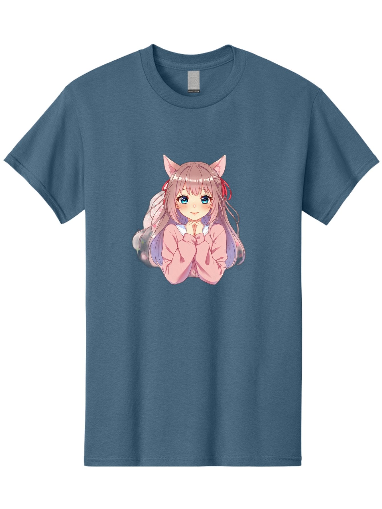 Cat-Girl-Anime-Character Men'S Graphic Tee, 100% Cotton, Comfortable Casual Summer Wear, Machine Washable, Anime Girl, Cat Ears, Pink Sweater, Blue Eyes, Long Hair, Cute Expression, Kawaii Art, Pastel Colors, Cartoon Character, Japanese Manga Bab722 15