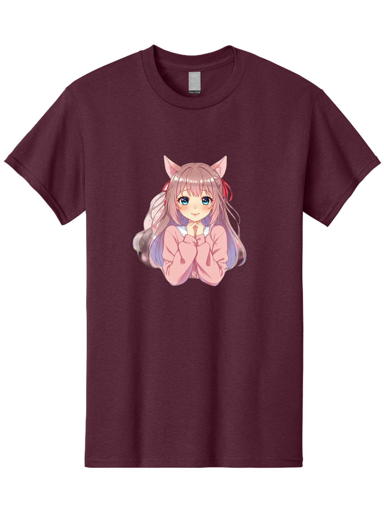 Cat-Girl-Anime-Character Men'S Graphic Tee, 100% Cotton, Comfortable Casual Summer Wear, Machine Washable, Anime Girl, Cat Ears, Pink Sweater, Blue Eyes, Long Hair, Cute Expression, Kawaii Art, Pastel Colors, Cartoon Character, Japanese Manga Bab722 3