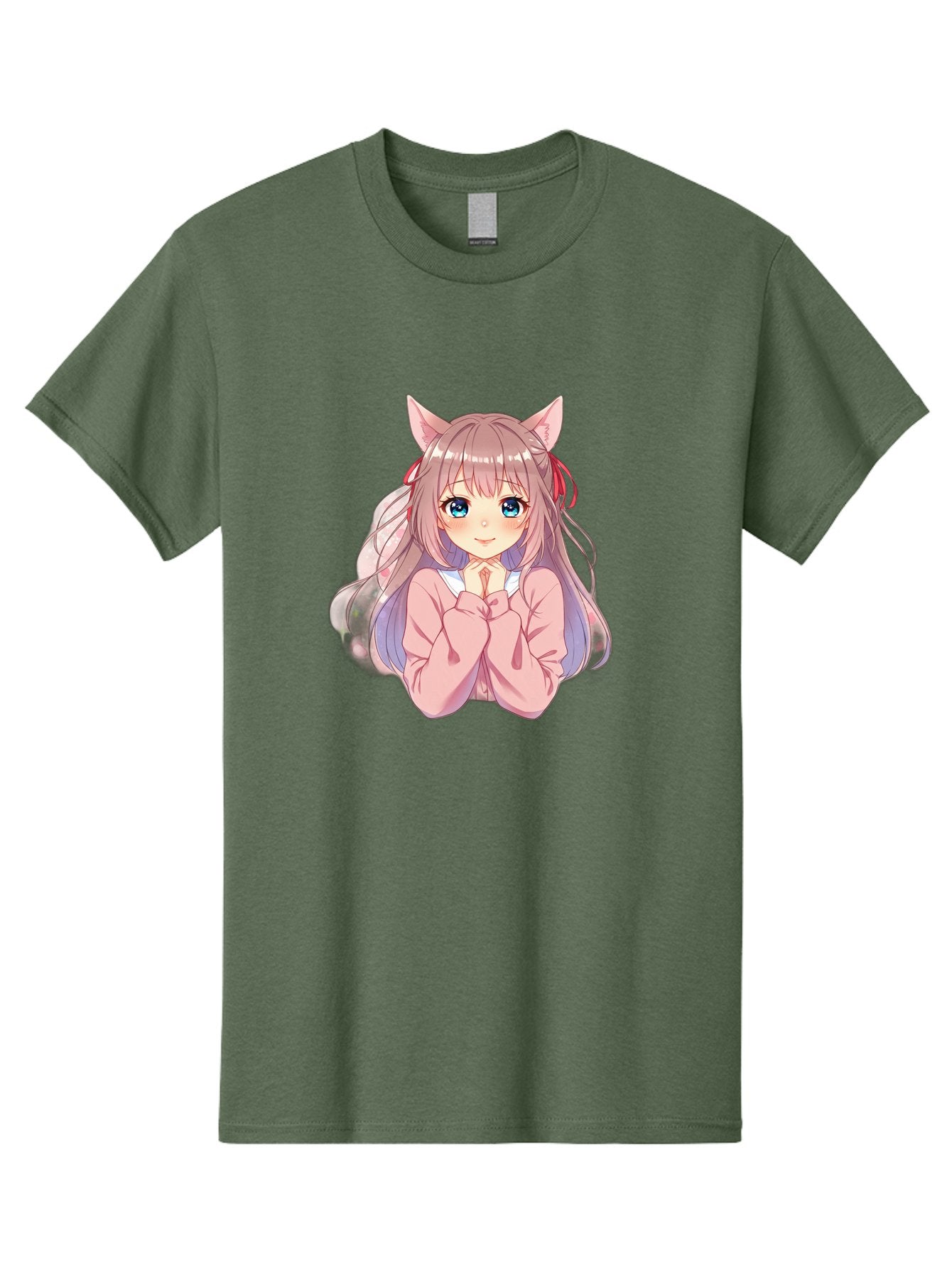 Cat-Girl-Anime-Character Men'S Graphic Tee, 100% Cotton, Comfortable Casual Summer Wear, Machine Washable, Anime Girl, Cat Ears, Pink Sweater, Blue Eyes, Long Hair, Cute Expression, Kawaii Art, Pastel Colors, Cartoon Character, Japanese Manga Bab722 14