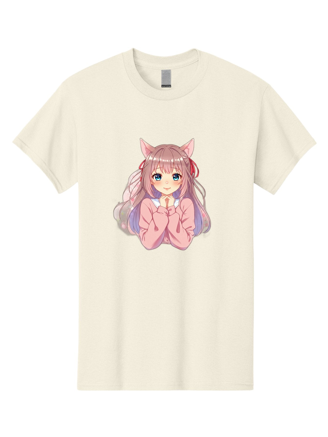 Cat-Girl-Anime-Character Men'S Graphic Tee, 100% Cotton, Comfortable Casual Summer Wear, Machine Washable, Anime Girl, Cat Ears, Pink Sweater, Blue Eyes, Long Hair, Cute Expression, Kawaii Art, Pastel Colors, Cartoon Character, Japanese Manga Bab722 6