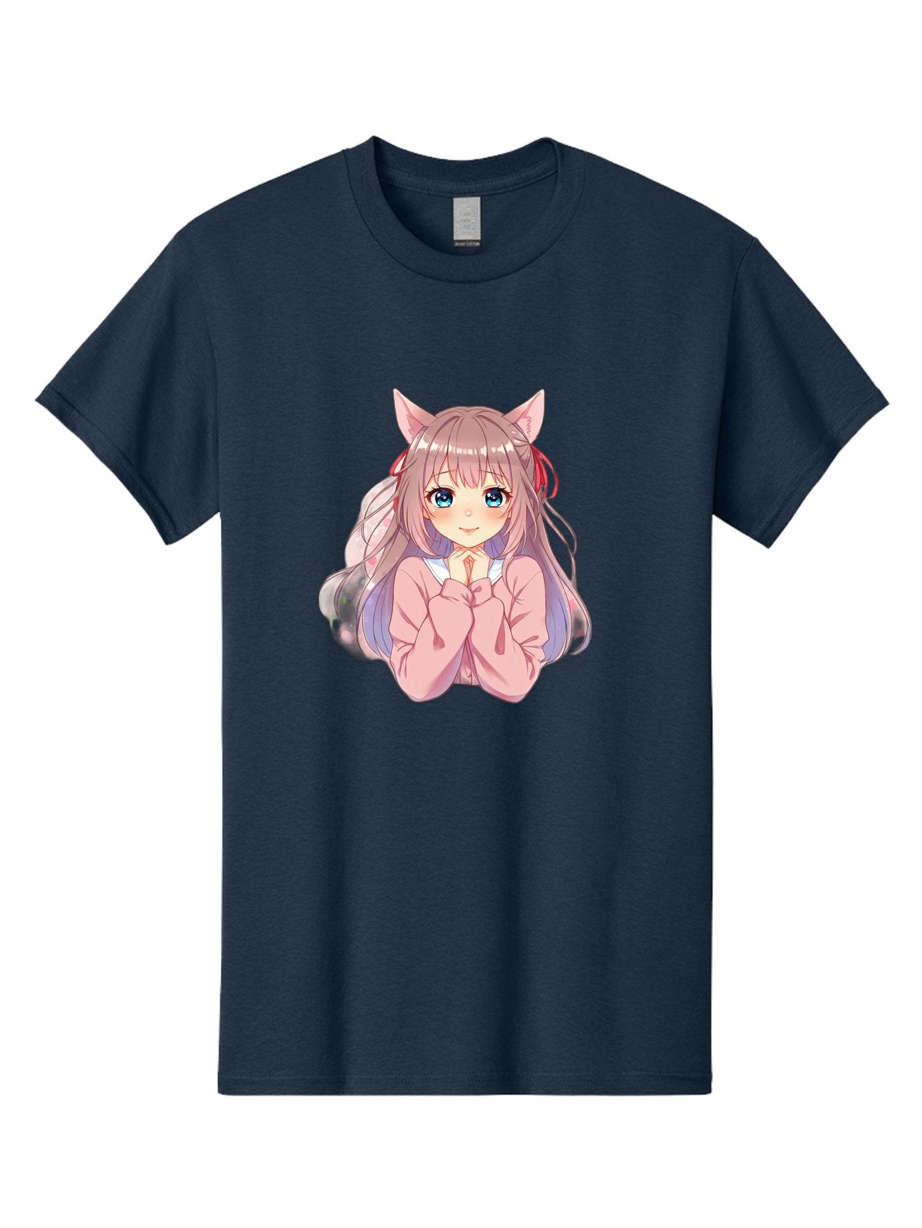 Cat-Girl-Anime-Character Men'S Graphic Tee, 100% Cotton, Comfortable Casual Summer Wear, Machine Washable, Anime Girl, Cat Ears, Pink Sweater, Blue Eyes, Long Hair, Cute Expression, Kawaii Art, Pastel Colors, Cartoon Character, Japanese Manga Bab722 10