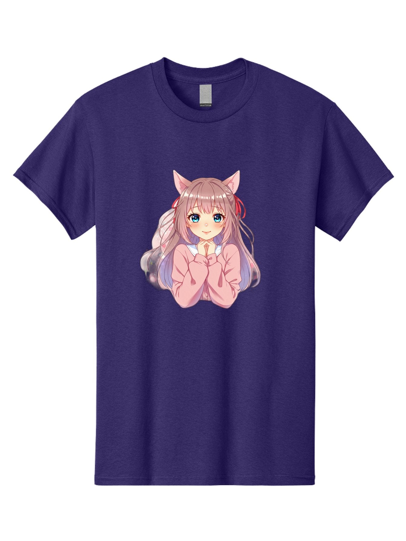 Cat-Girl-Anime-Character Men'S Graphic Tee, 100% Cotton, Comfortable Casual Summer Wear, Machine Washable, Anime Girl, Cat Ears, Pink Sweater, Blue Eyes, Long Hair, Cute Expression, Kawaii Art, Pastel Colors, Cartoon Character, Japanese Manga Bab722 5
