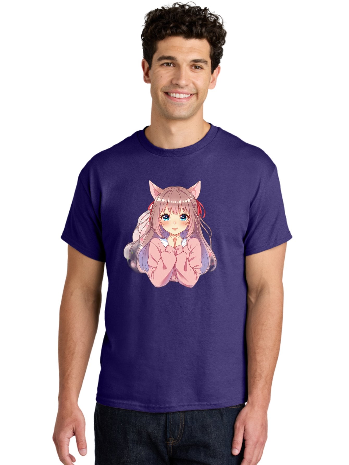 Cat-Girl-Anime-Character Men'S Graphic Tee, 100% Cotton, Comfortable Casual Summer Wear, Machine Washable, Anime Girl, Cat Ears, Pink Sweater, Blue Eyes, Long Hair, Cute Expression, Kawaii Art, Pastel Colors, Cartoon Character, Japanese Manga Bab722 23
