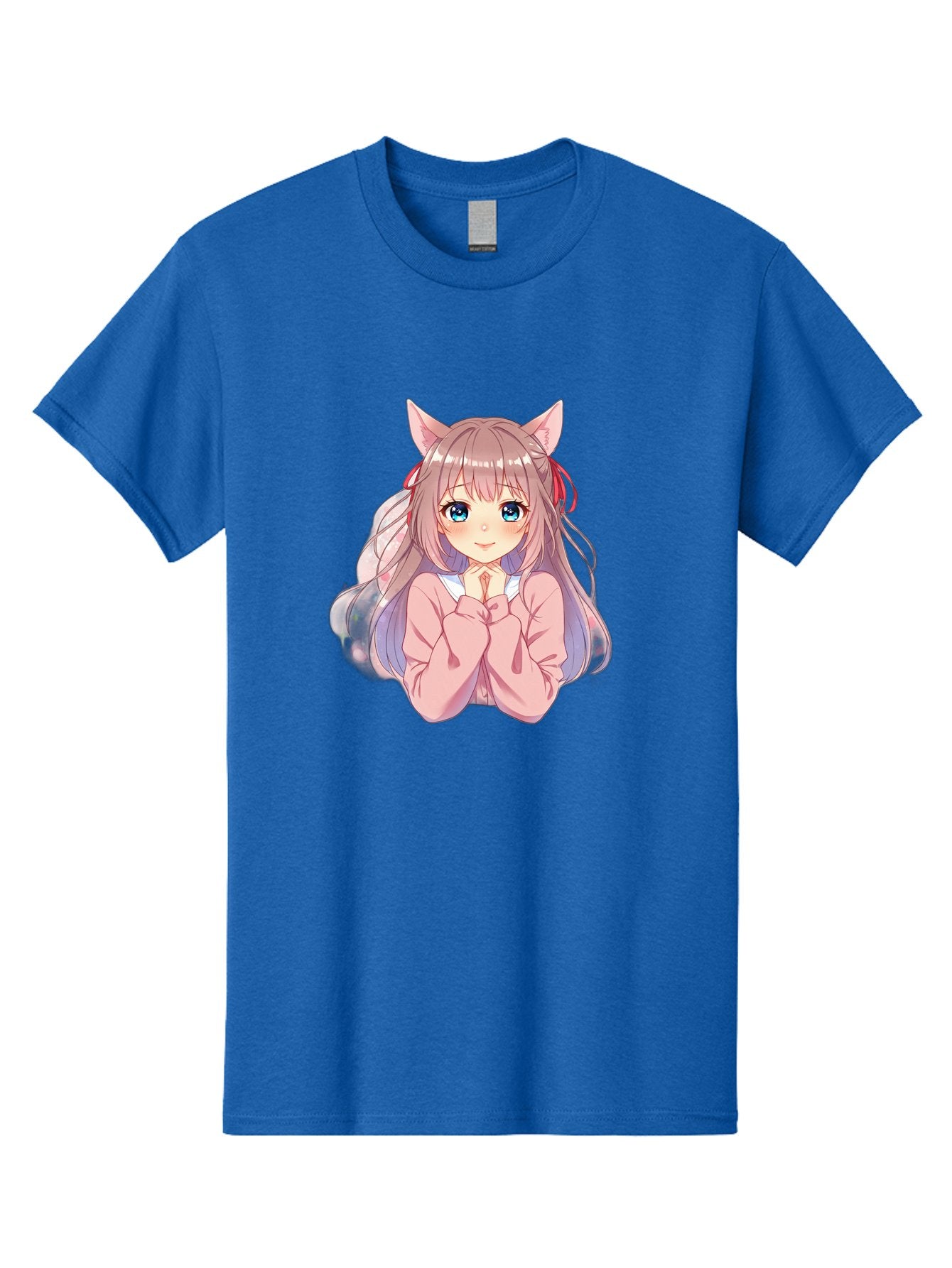 Cat-Girl-Anime-Character Men'S Graphic Tee, 100% Cotton, Comfortable Casual Summer Wear, Machine Washable, Anime Girl, Cat Ears, Pink Sweater, Blue Eyes, Long Hair, Cute Expression, Kawaii Art, Pastel Colors, Cartoon Character, Japanese Manga Bab722