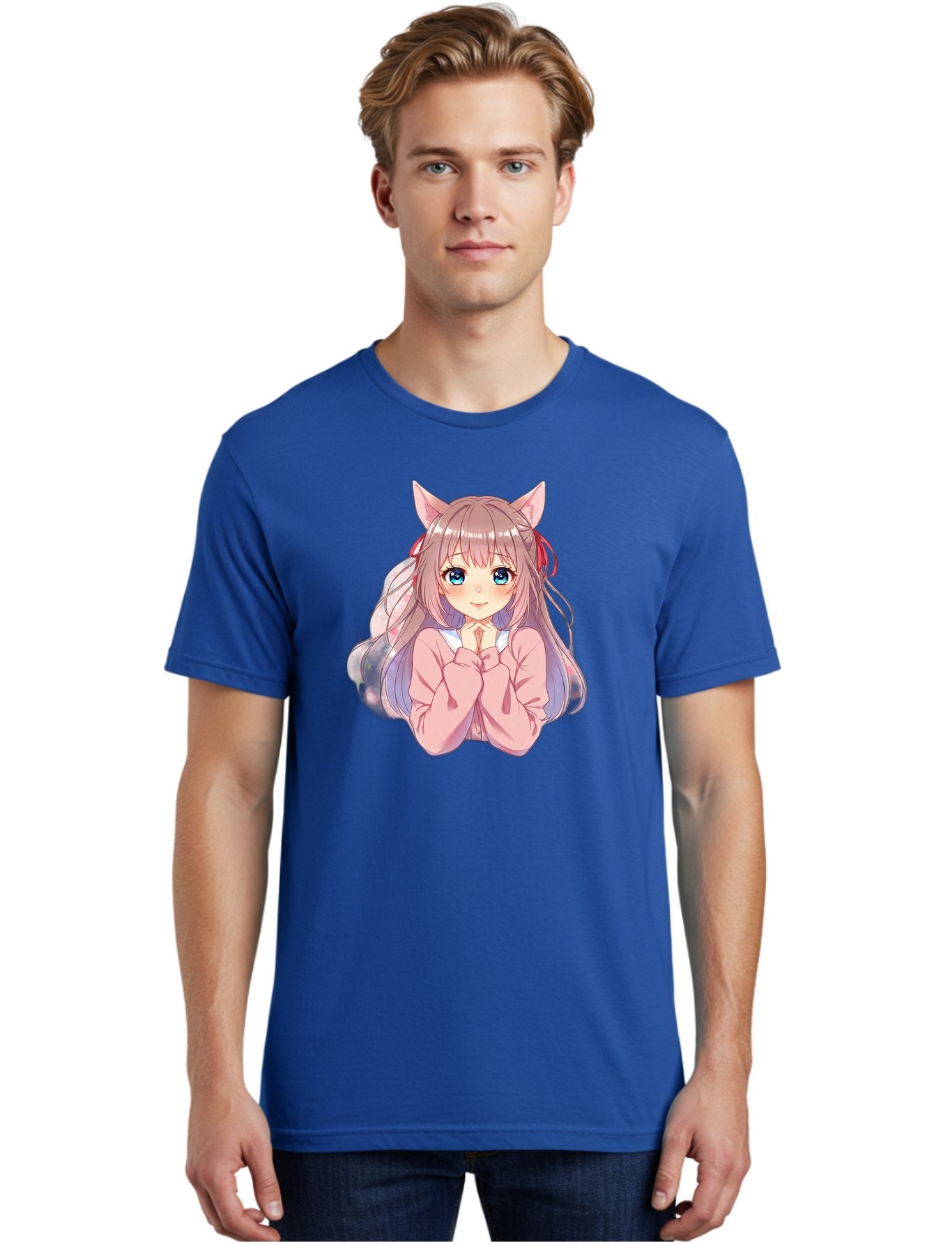 Cat-Girl-Anime-Character Men'S Graphic Tee, 100% Cotton, Comfortable Casual Summer Wear, Machine Washable, Anime Girl, Cat Ears, Pink Sweater, Blue Eyes, Long Hair, Cute Expression, Kawaii Art, Pastel Colors, Cartoon Character, Japanese Manga Bab722 19