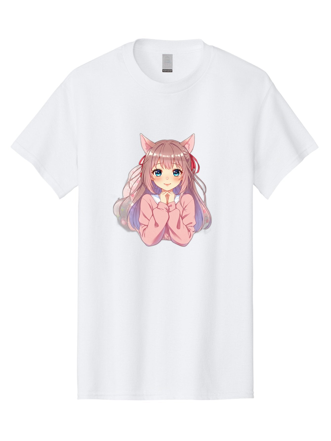 Cat-Girl-Anime-Character Men'S Graphic Tee, 100% Cotton, Comfortable Casual Summer Wear, Machine Washable, Anime Girl, Cat Ears, Pink Sweater, Blue Eyes, Long Hair, Cute Expression, Kawaii Art, Pastel Colors, Cartoon Character, Japanese Manga Bab722 11
