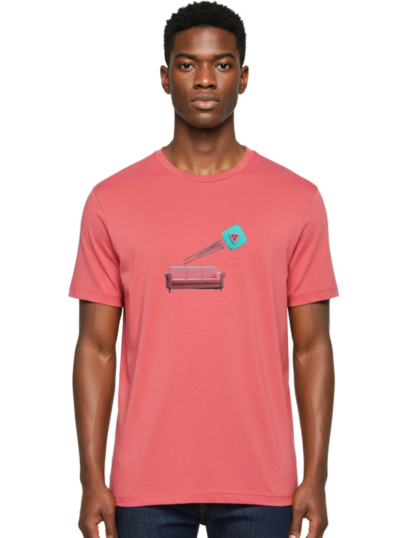 Chamos Men'S Graphic Tee, 100% Cotton, Comfortable Casual Summer Wear, Machine Washable, Pink Sofa, Chatroulette Logo, Blue Icon, Pink Triangle, Three-Dimensional Lines, Modern Design, Social Media, Online Chat, User Interface Bab723 23