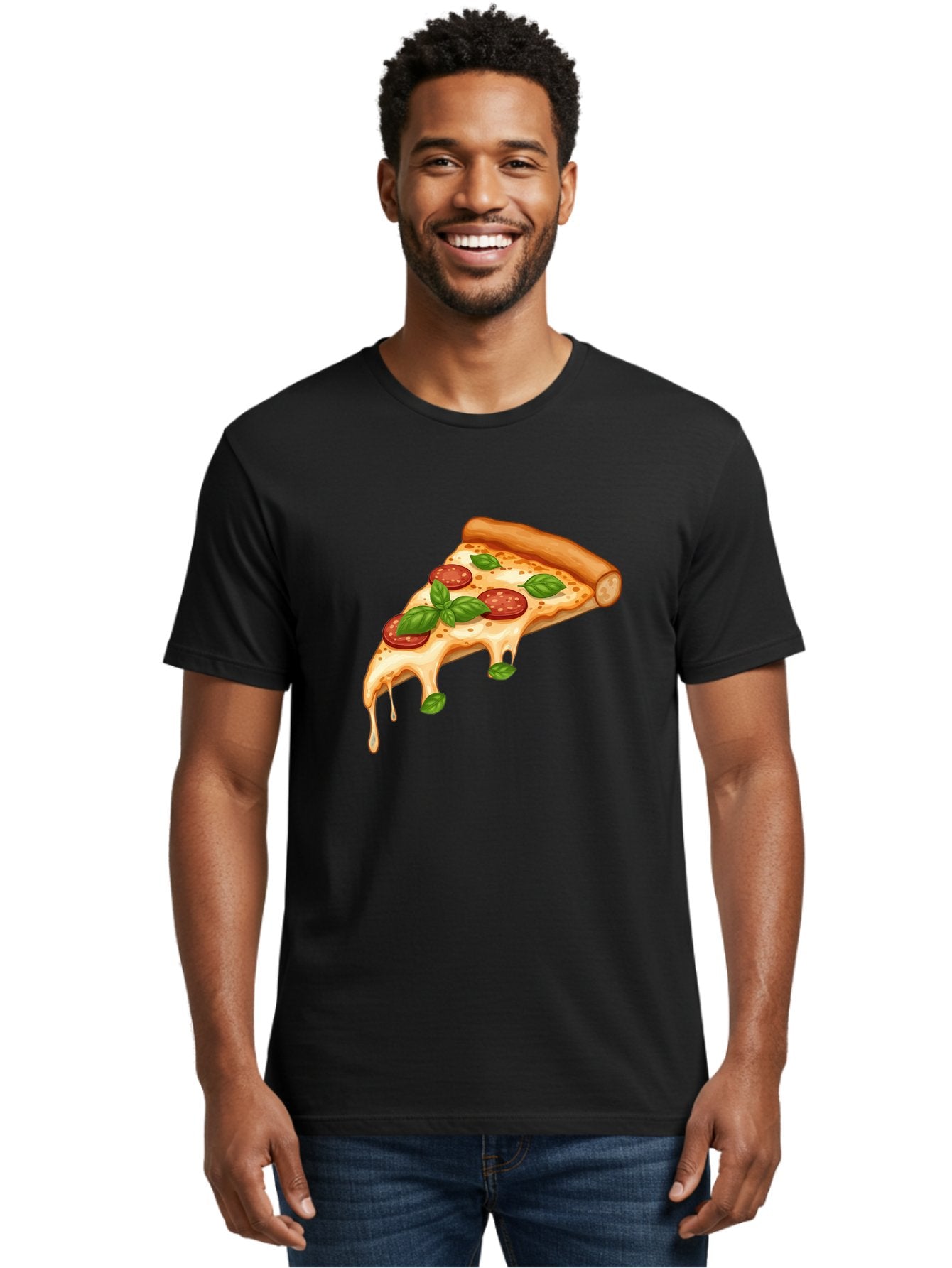 Cheesy-Pepperoni-Pizza-Slice Men'S Graphic Tee, 100% Cotton, Comfortable Casual Summer Wear, Machine Washable, Cheesy Pizza Slice, Pepperoni Pizza, Basil Leaves, Melted Cheese, Italian Food, Savory Snack, Pizza Topping, Food Illustration Bab727 28