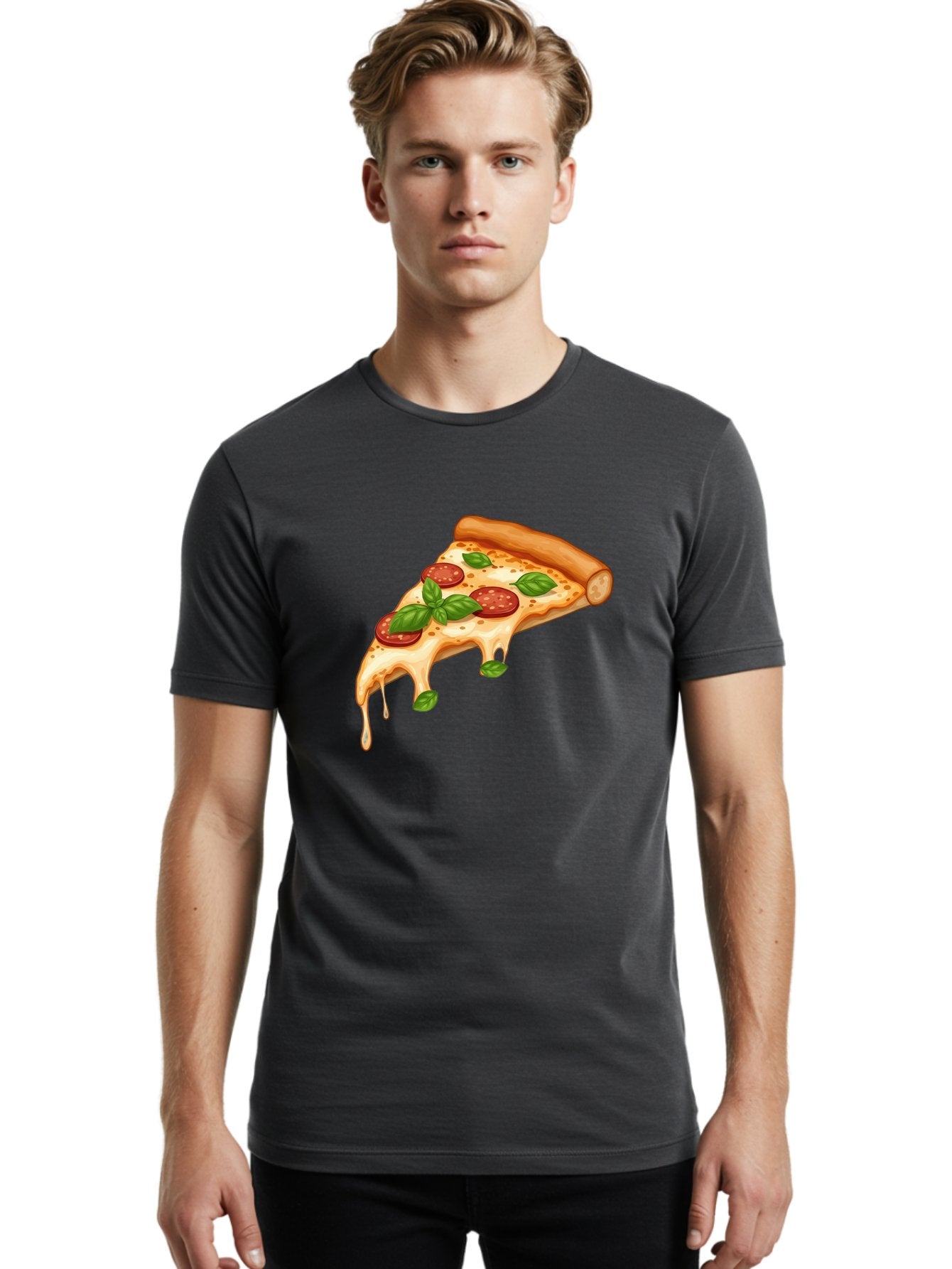 Cheesy-Pepperoni-Pizza-Slice Men'S Graphic Tee, 100% Cotton, Comfortable Casual Summer Wear, Machine Washable, Cheesy Pizza Slice, Pepperoni Pizza, Basil Leaves, Melted Cheese, Italian Food, Savory Snack, Pizza Topping, Food Illustration Bab727 26