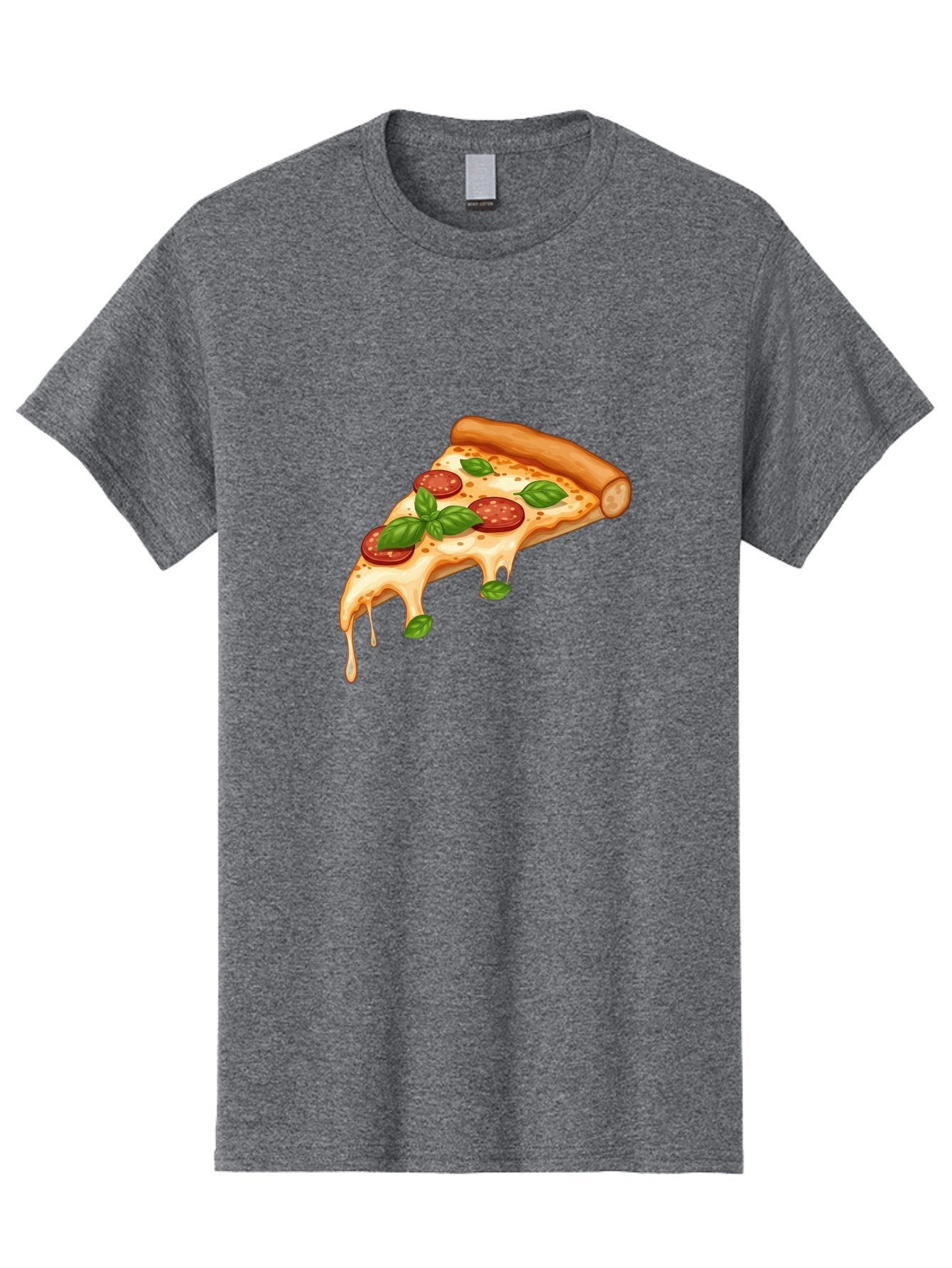 Cheesy-Pepperoni-Pizza-Slice Men'S Graphic Tee, 100% Cotton, Comfortable Casual Summer Wear, Machine Washable, Cheesy Pizza Slice, Pepperoni Pizza, Basil Leaves, Melted Cheese, Italian Food, Savory Snack, Pizza Topping, Food Illustration Bab727 15