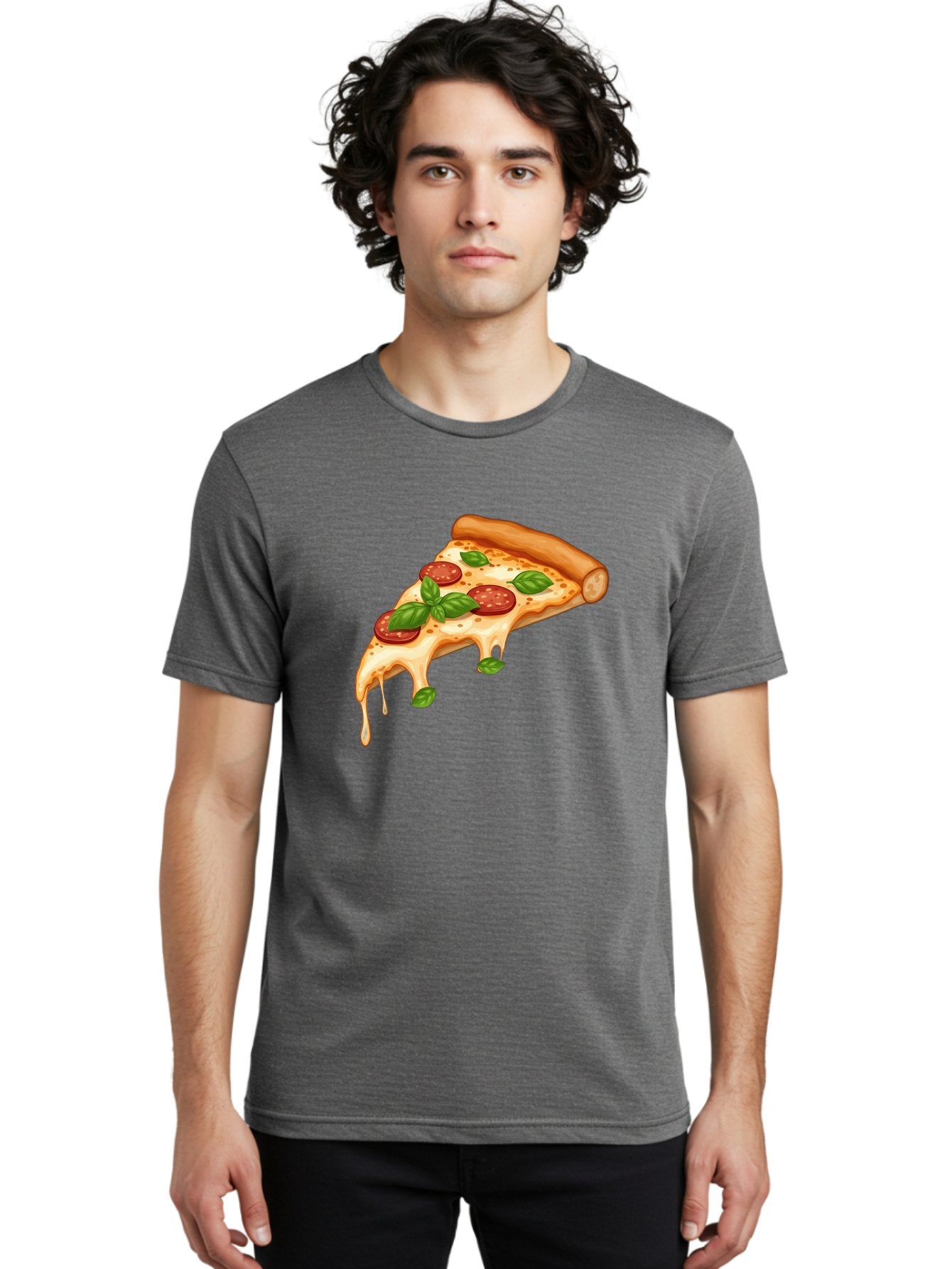 Cheesy-Pepperoni-Pizza-Slice Men'S Graphic Tee, 100% Cotton, Comfortable Casual Summer Wear, Machine Washable, Cheesy Pizza Slice, Pepperoni Pizza, Basil Leaves, Melted Cheese, Italian Food, Savory Snack, Pizza Topping, Food Illustration Bab727 30