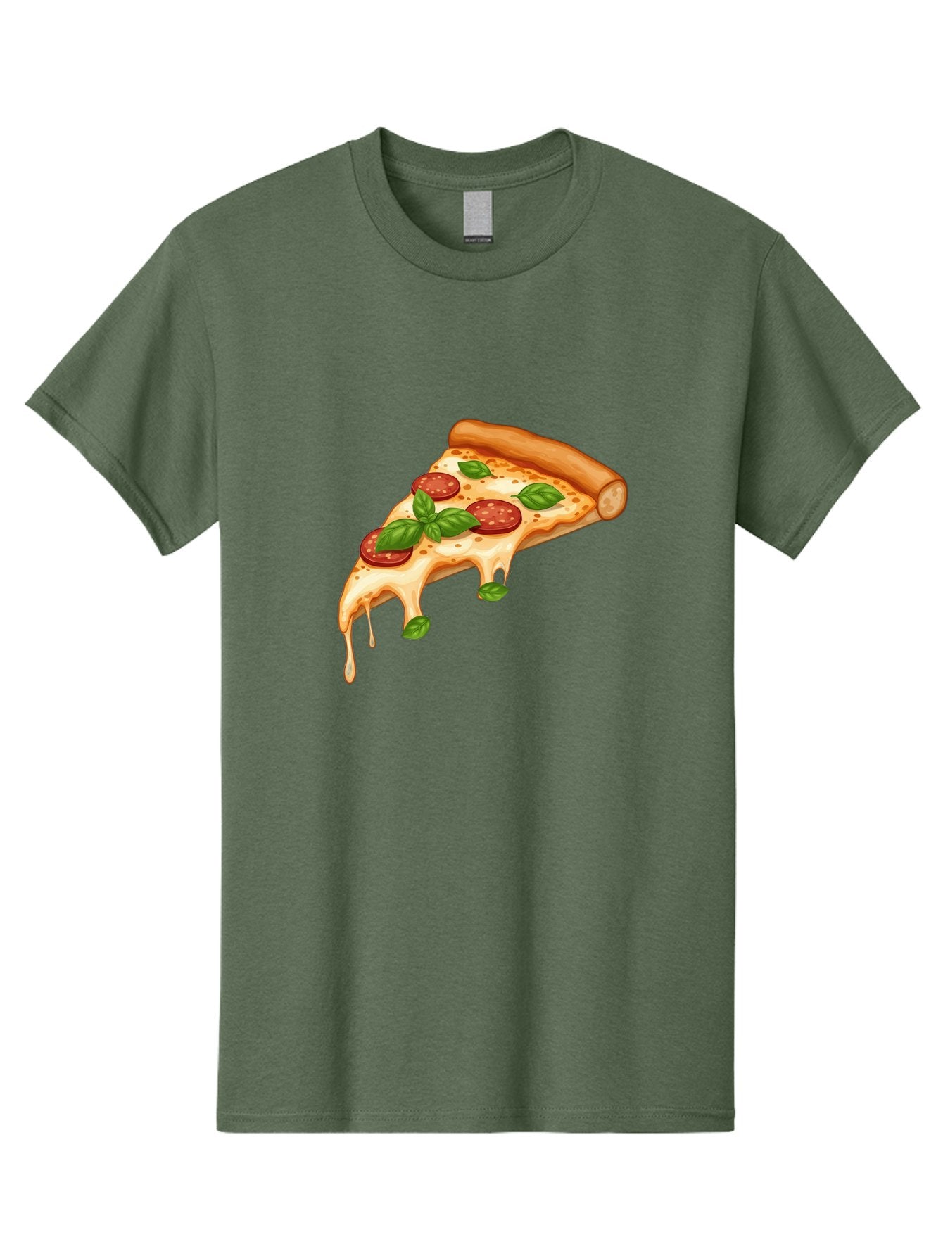 Cheesy-Pepperoni-Pizza-Slice Men'S Graphic Tee, 100% Cotton, Comfortable Casual Summer Wear, Machine Washable, Cheesy Pizza Slice, Pepperoni Pizza, Basil Leaves, Melted Cheese, Italian Food, Savory Snack, Pizza Topping, Food Illustration Bab727