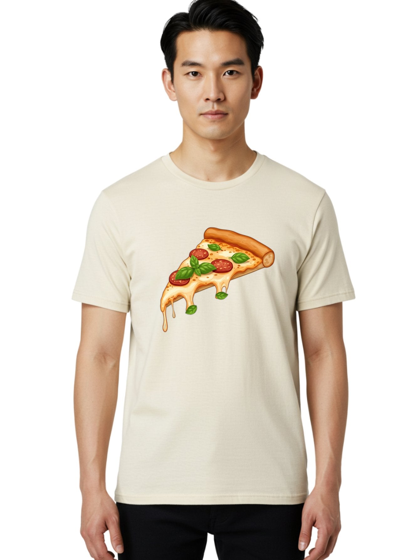Cheesy-Pepperoni-Pizza-Slice Men'S Graphic Tee, 100% Cotton, Comfortable Casual Summer Wear, Machine Washable, Cheesy Pizza Slice, Pepperoni Pizza, Basil Leaves, Melted Cheese, Italian Food, Savory Snack, Pizza Topping, Food Illustration Bab727 29