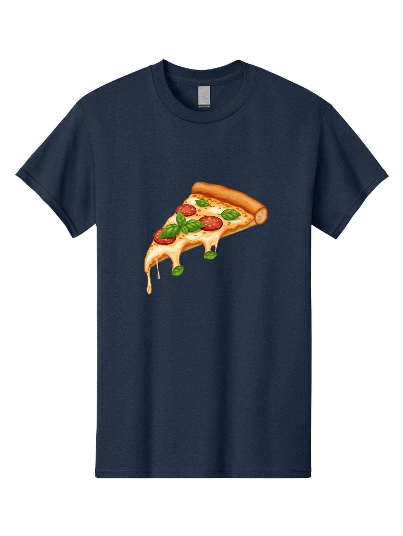 Cheesy-Pepperoni-Pizza-Slice Men'S Graphic Tee, 100% Cotton, Comfortable Casual Summer Wear, Machine Washable, Cheesy Pizza Slice, Pepperoni Pizza, Basil Leaves, Melted Cheese, Italian Food, Savory Snack, Pizza Topping, Food Illustration Bab727 5