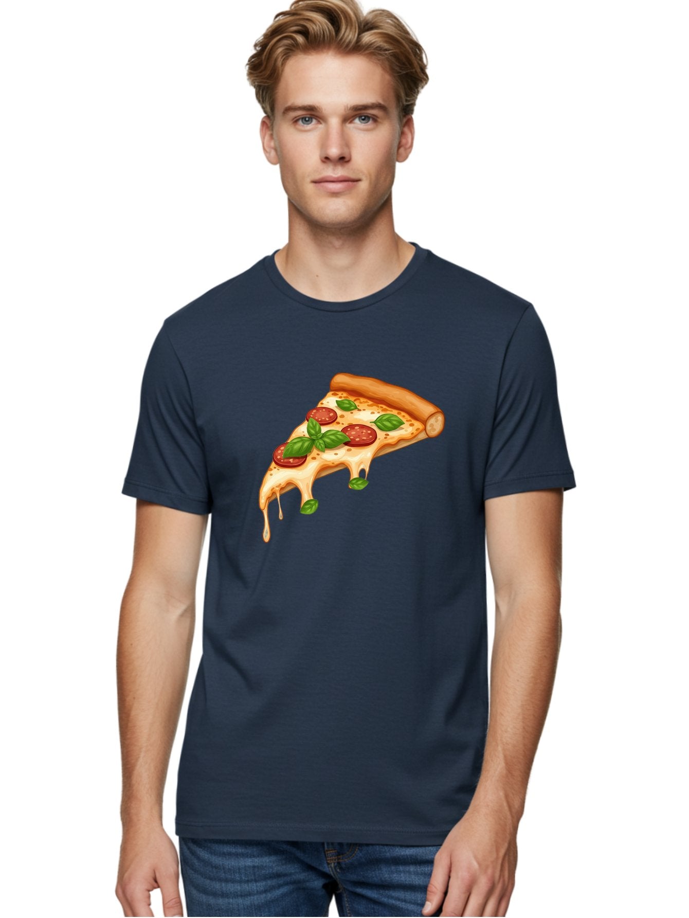 Cheesy-Pepperoni-Pizza-Slice Men'S Graphic Tee, 100% Cotton, Comfortable Casual Summer Wear, Machine Washable, Cheesy Pizza Slice, Pepperoni Pizza, Basil Leaves, Melted Cheese, Italian Food, Savory Snack, Pizza Topping, Food Illustration Bab727 23
