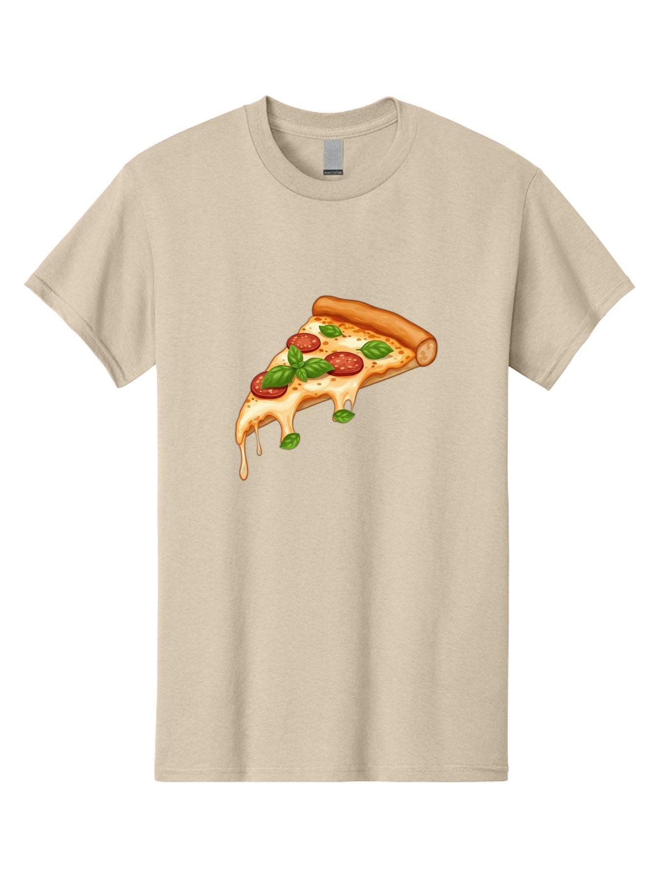Cheesy-Pepperoni-Pizza-Slice Men'S Graphic Tee, 100% Cotton, Comfortable Casual Summer Wear, Machine Washable, Cheesy Pizza Slice, Pepperoni Pizza, Basil Leaves, Melted Cheese, Italian Food, Savory Snack, Pizza Topping, Food Illustration Bab727 13