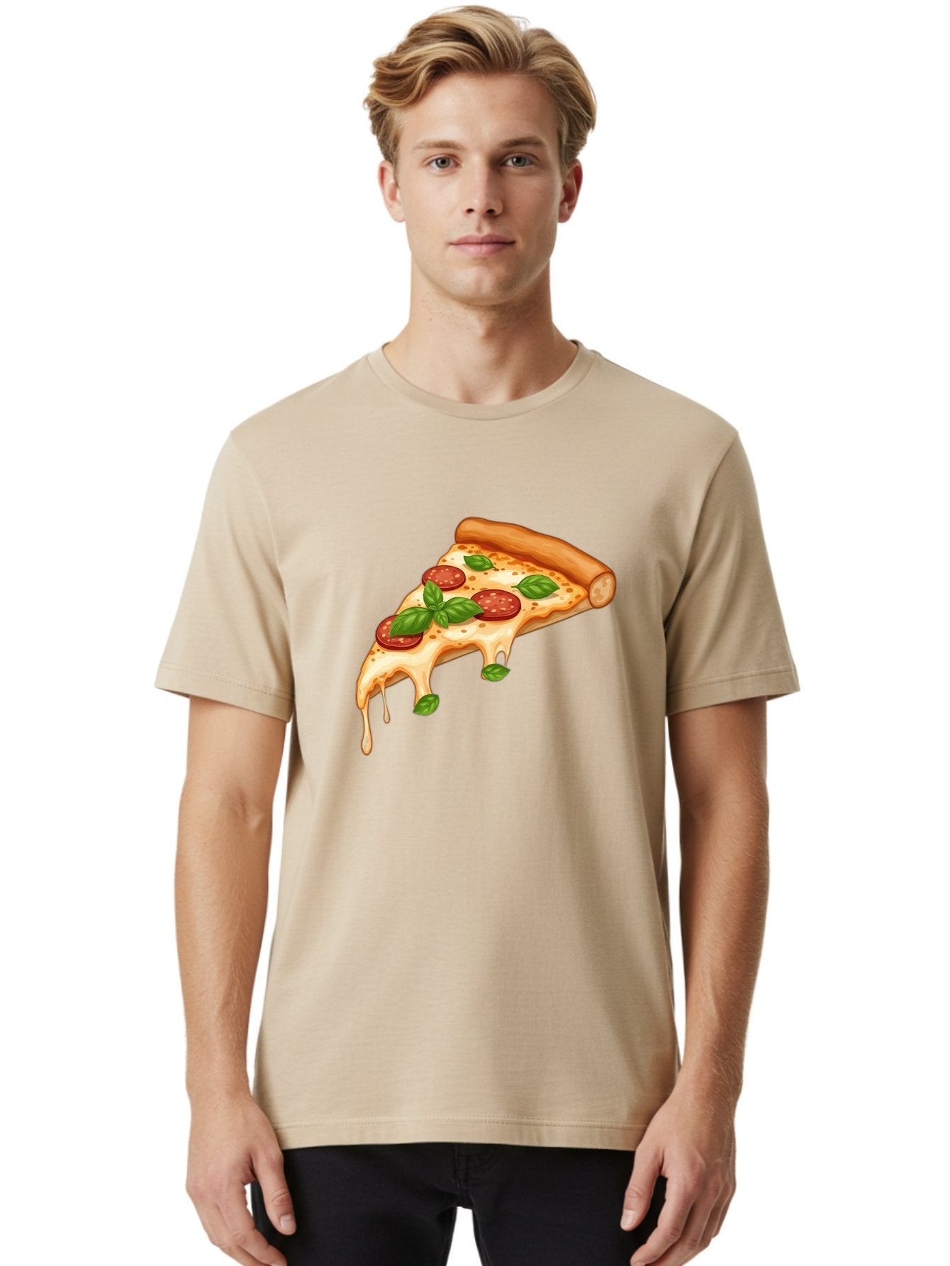 Cheesy-Pepperoni-Pizza-Slice Men'S Graphic Tee, 100% Cotton, Comfortable Casual Summer Wear, Machine Washable, Cheesy Pizza Slice, Pepperoni Pizza, Basil Leaves, Melted Cheese, Italian Food, Savory Snack, Pizza Topping, Food Illustration Bab727 20