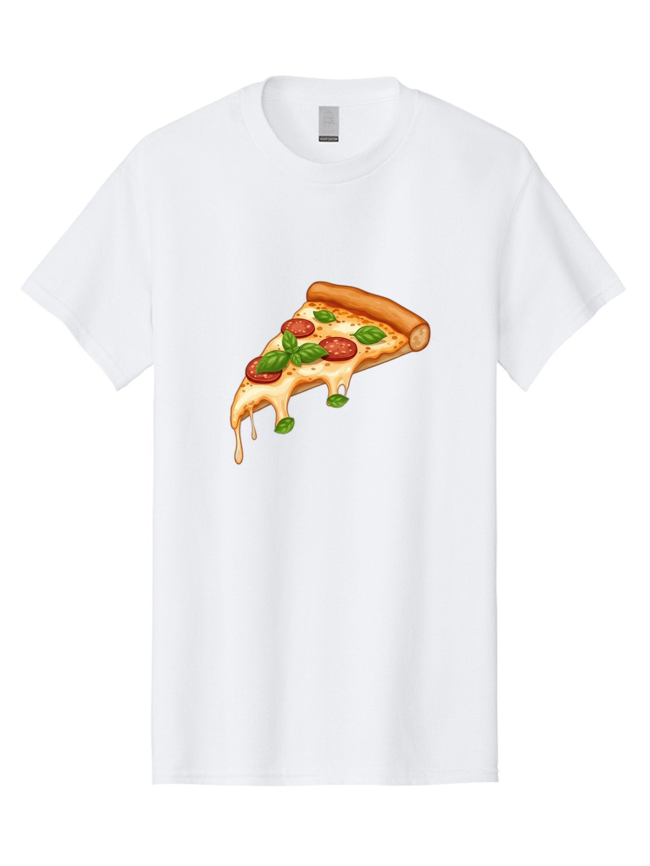 Cheesy-Pepperoni-Pizza-Slice Men'S Graphic Tee, 100% Cotton, Comfortable Casual Summer Wear, Machine Washable, Cheesy Pizza Slice, Pepperoni Pizza, Basil Leaves, Melted Cheese, Italian Food, Savory Snack, Pizza Topping, Food Illustration Bab727