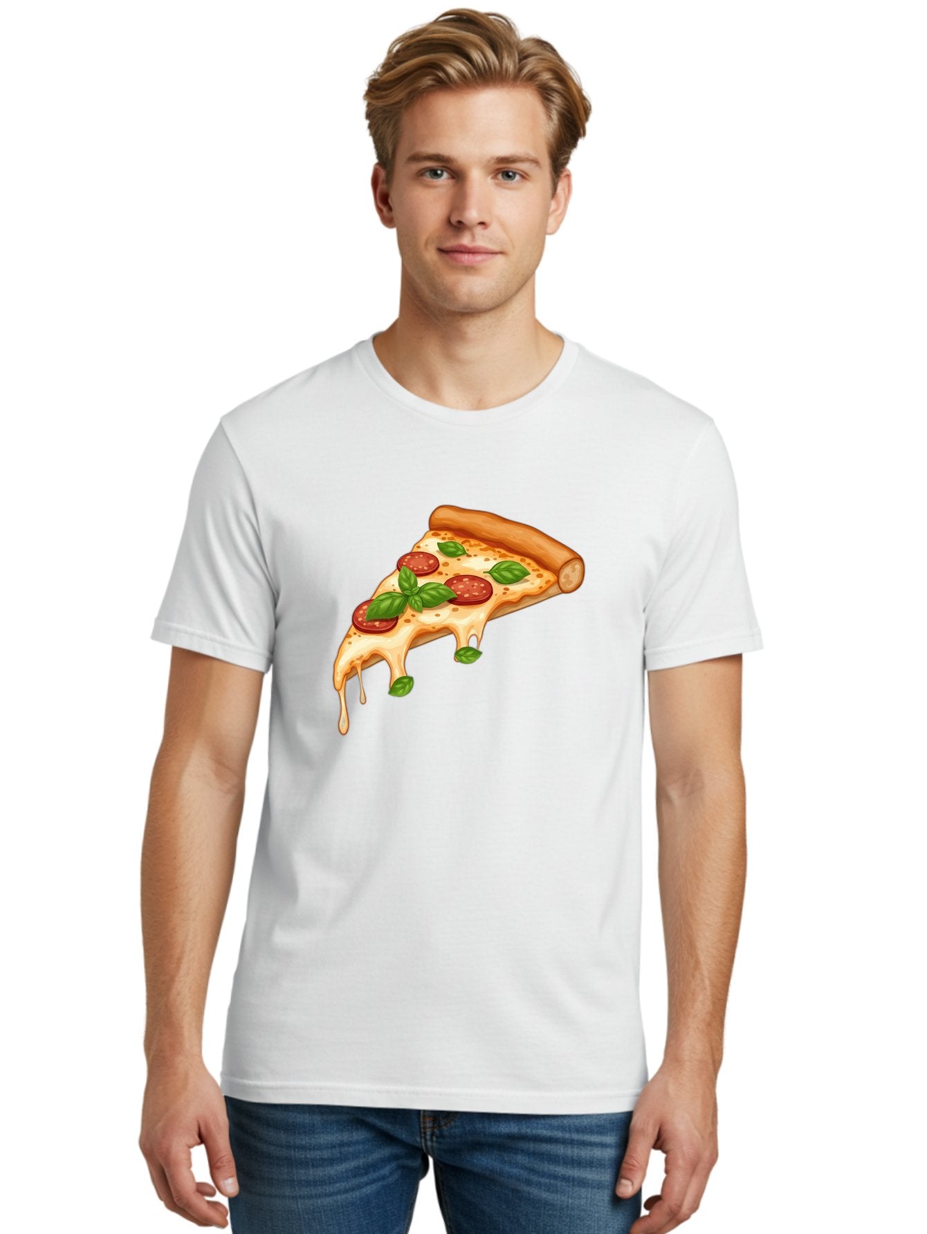 Cheesy-Pepperoni-Pizza-Slice Men'S Graphic Tee, 100% Cotton, Comfortable Casual Summer Wear, Machine Washable, Cheesy Pizza Slice, Pepperoni Pizza, Basil Leaves, Melted Cheese, Italian Food, Savory Snack, Pizza Topping, Food Illustration Bab727 21