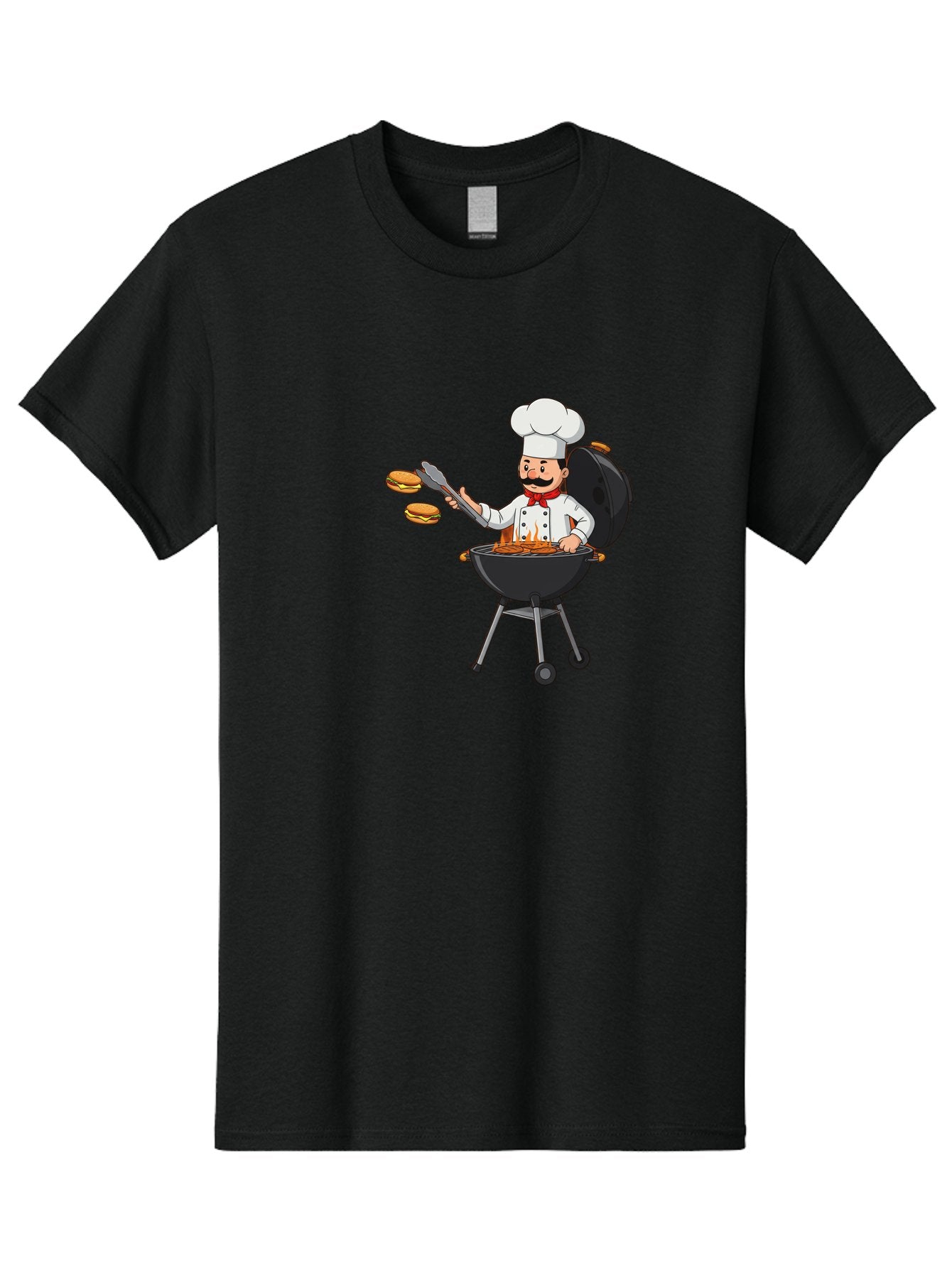 Chef-Barbecue Men'S Graphic Tee, 100% Cotton, Comfortable Casual Summer Wear, Machine Washable, Chef Cooking Burgers, Barbecue Grill, Chef Hat, Chef Uniform, Red Bow Tie, Mustache, Burgers Cooking, Grilling Meat, Barbecue Tongs, Bab728 3