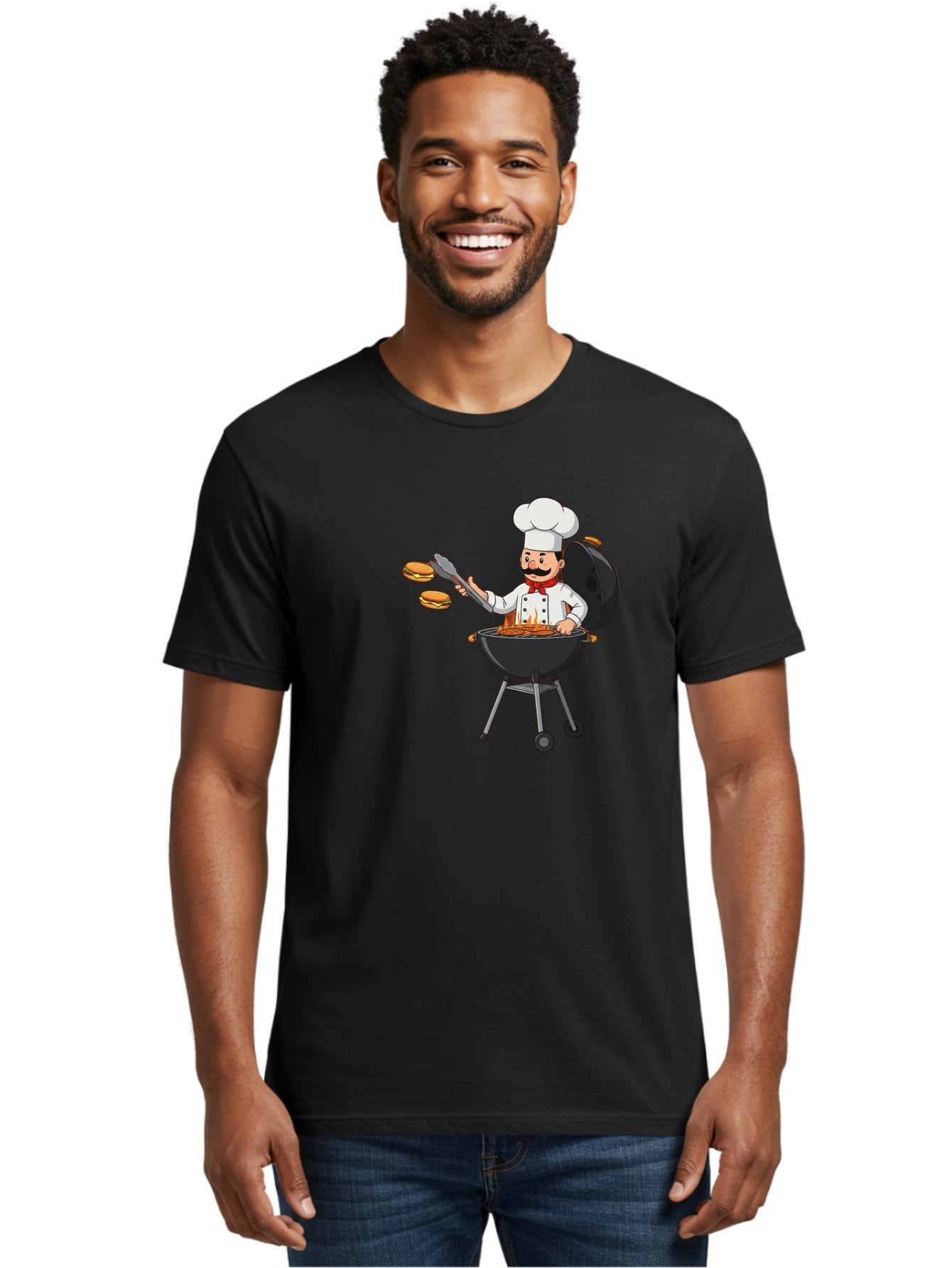 Chef-Barbecue Men'S Graphic Tee, 100% Cotton, Comfortable Casual Summer Wear, Machine Washable, Chef Cooking Burgers, Barbecue Grill, Chef Hat, Chef Uniform, Red Bow Tie, Mustache, Burgers Cooking, Grilling Meat, Barbecue Tongs, Bab728 22